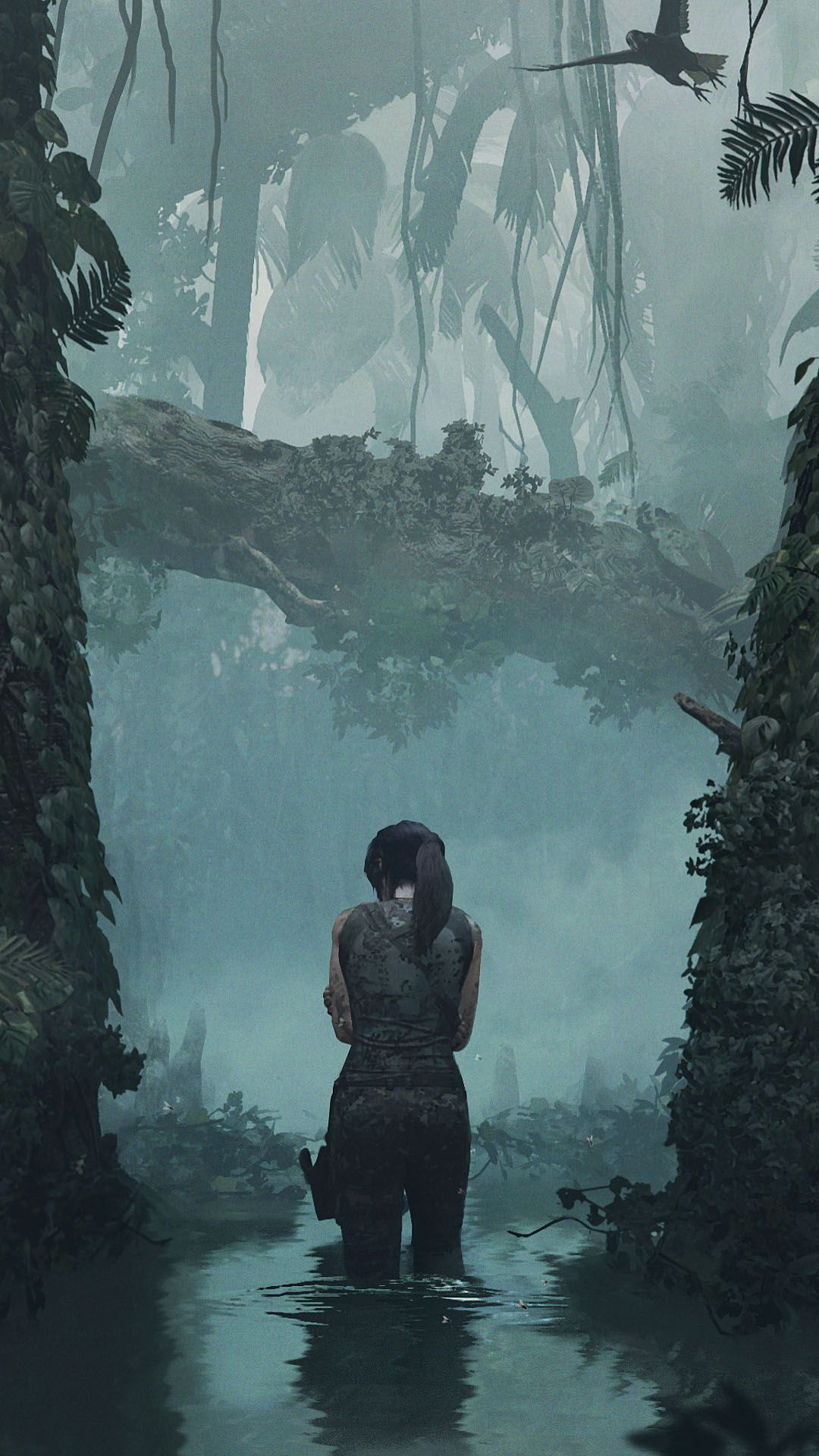 Lara Croft, Shadow of the Tomb Raider, Wasser, Dschungel, Nebel, Full HD, iPhone-Hintergrundbild