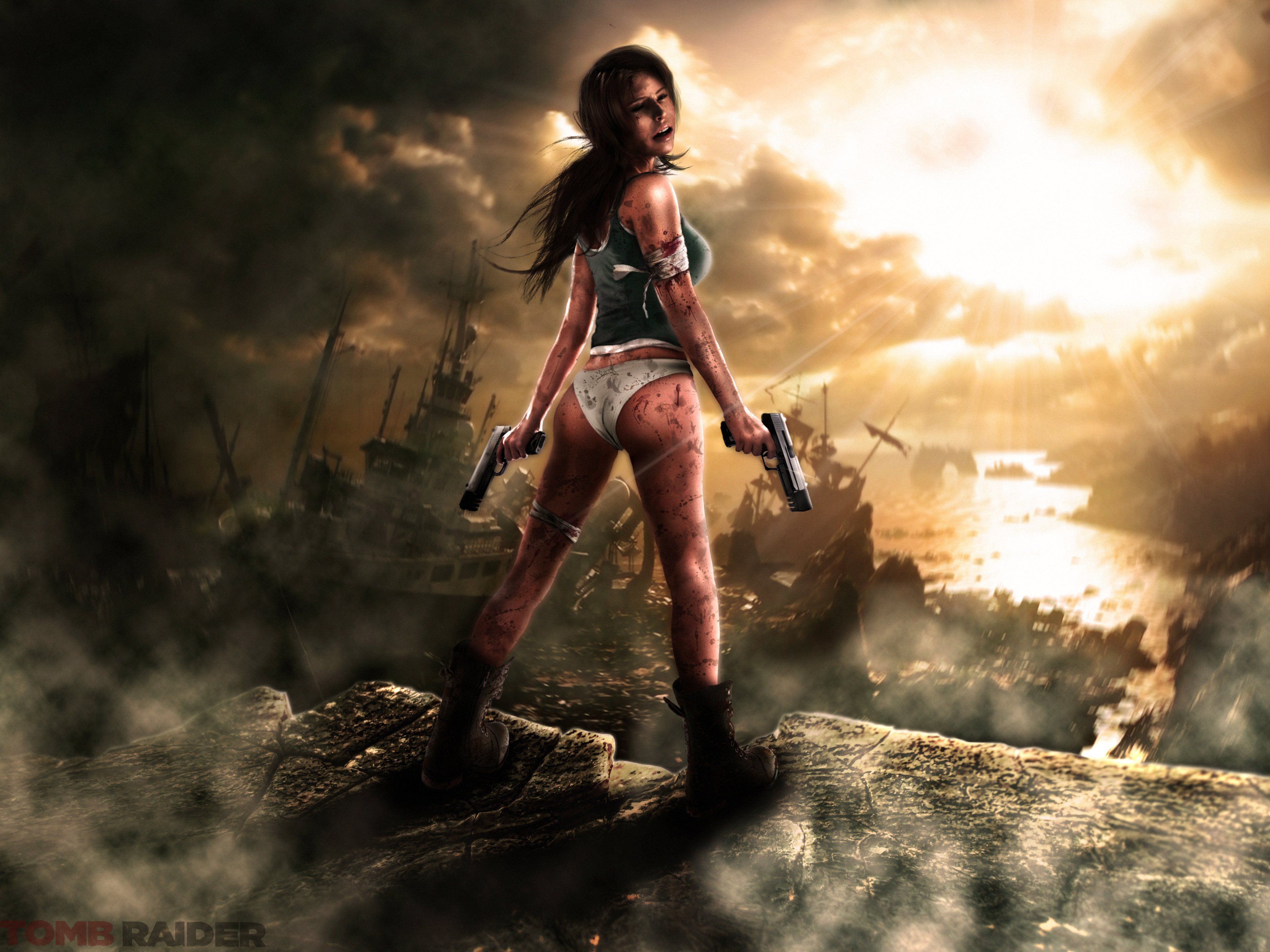 Lara Croft, Tomb Raider, Pistolen, Ruinen, Sonnenuntergang, 4K, Tablet-Hintergrund
