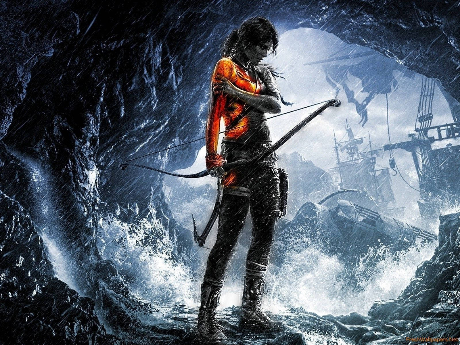 Lara Croft, Tomb Raider (2013), Höhle, Schiffswrack, Bogen, Hintergrundbild fürs iPad