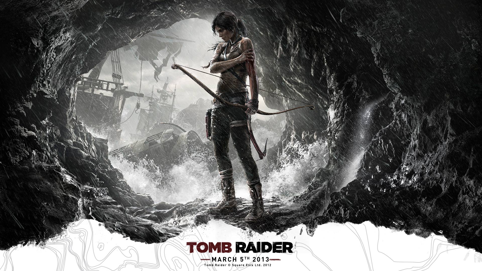 Lara Croft, Tomb Raider (2013), Höhle, Schwarz-Weiß, Poster, Full HD, Breitbild-Hintergrundbild
