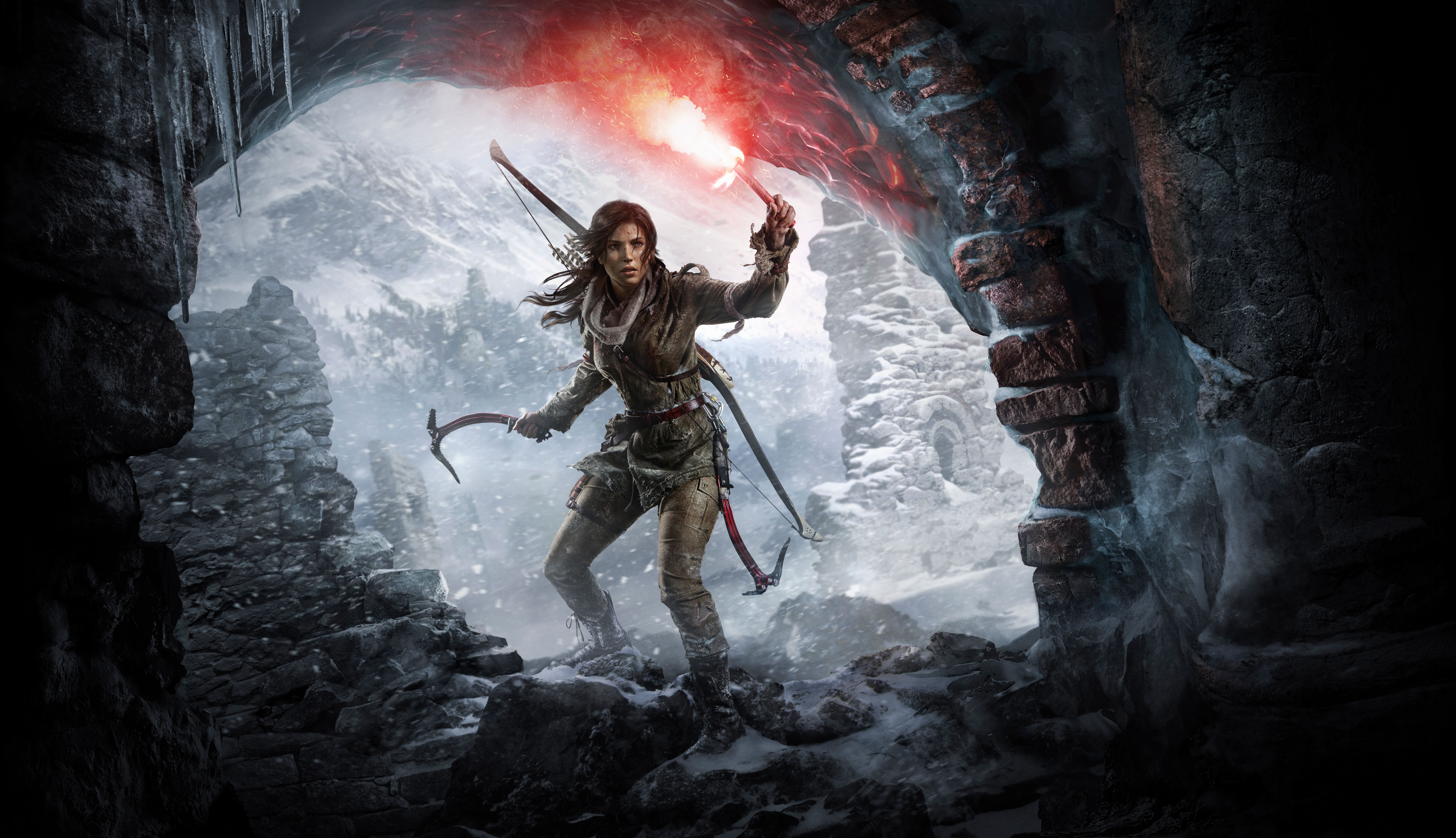 Lara Croft, Rise of the Tomb Raider, Fackel, Eishöhle, Eispickel, 8K, Laptop-Hintergrundbild