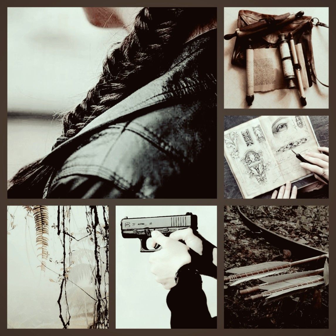 Tomb Raider, Collage, Konzeptskizzen, Pistole, Sepia, Hintergrundbild für iPad und Tablet