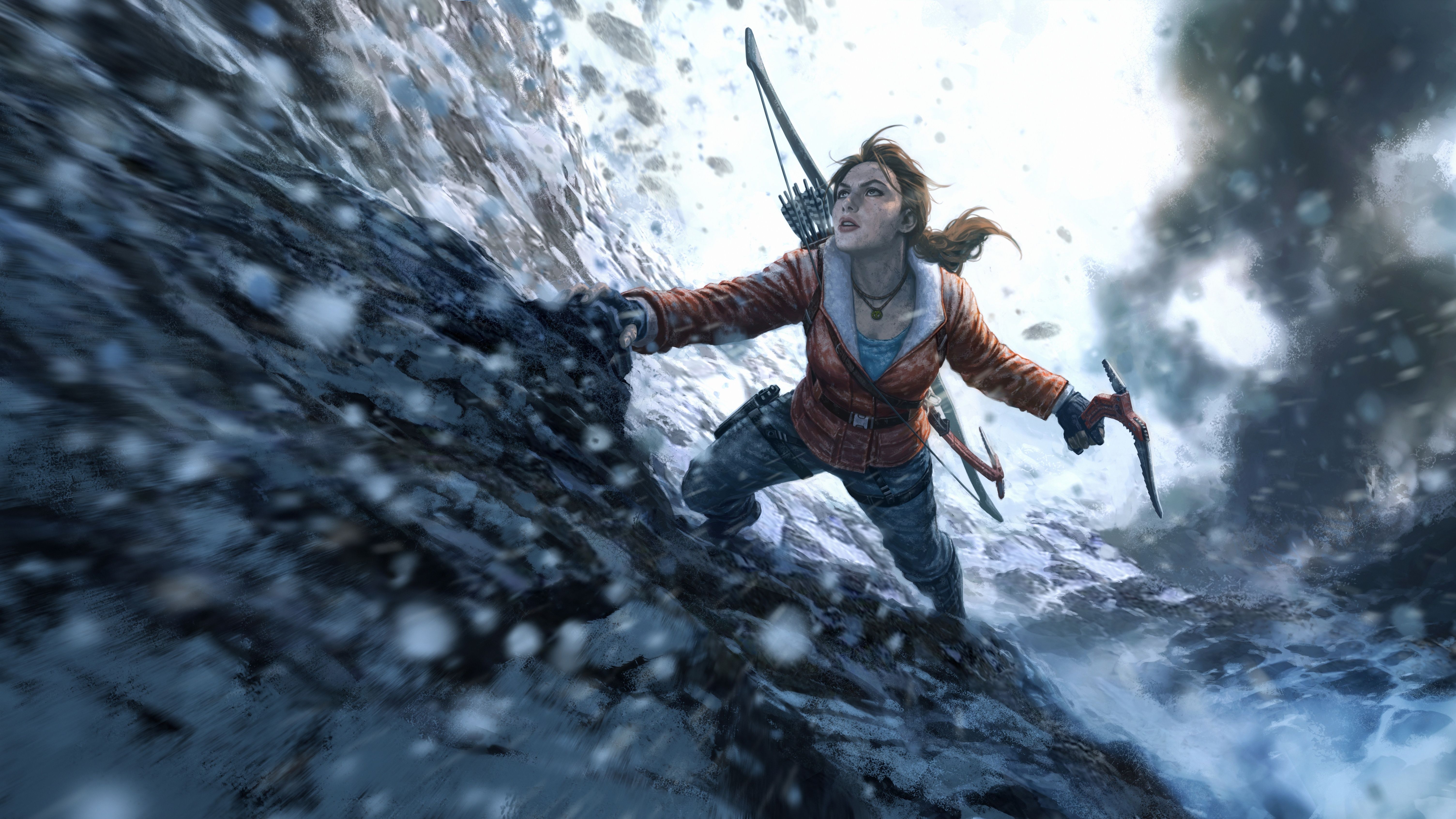 Lara Croft, Rise of the Tomb Raider, Eisklettern, Schneesturm, Eispickel, 6K, Breitbild-Hintergrundbild