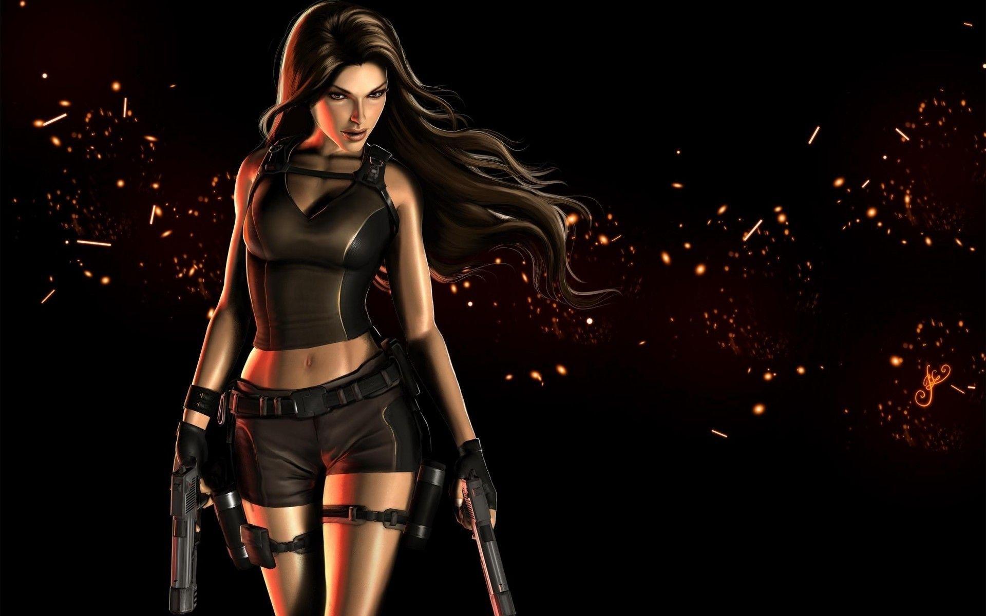 Lara Croft, Tomb Raider, Klassisch, Pistolen, Schwarzer Hintergrund, Full HD Wallpaper