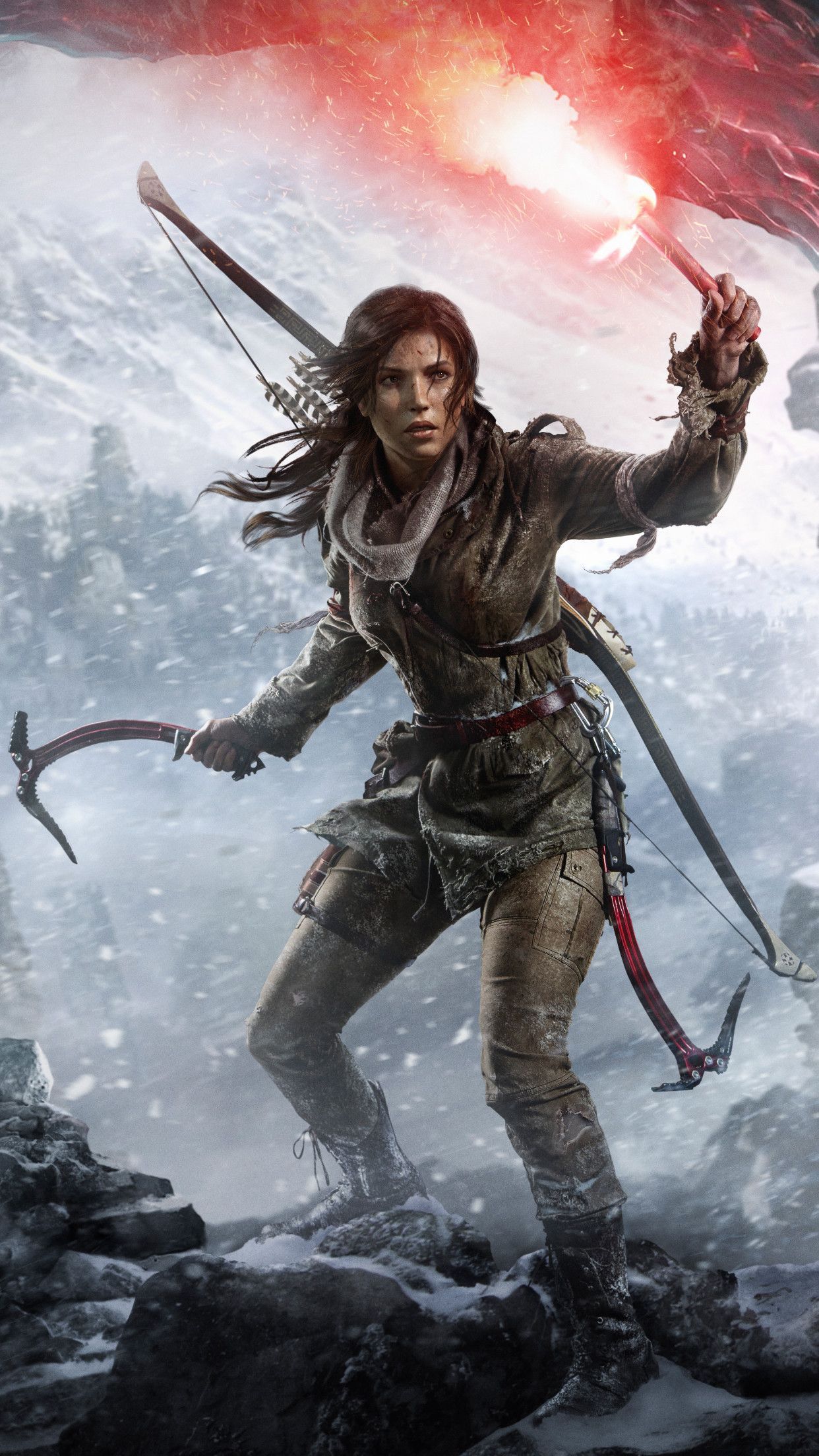 Lara Croft, Rise of the Tomb Raider, Fackel, Schnee, Eispickel, Full HD, Handy-Hintergrundbild
