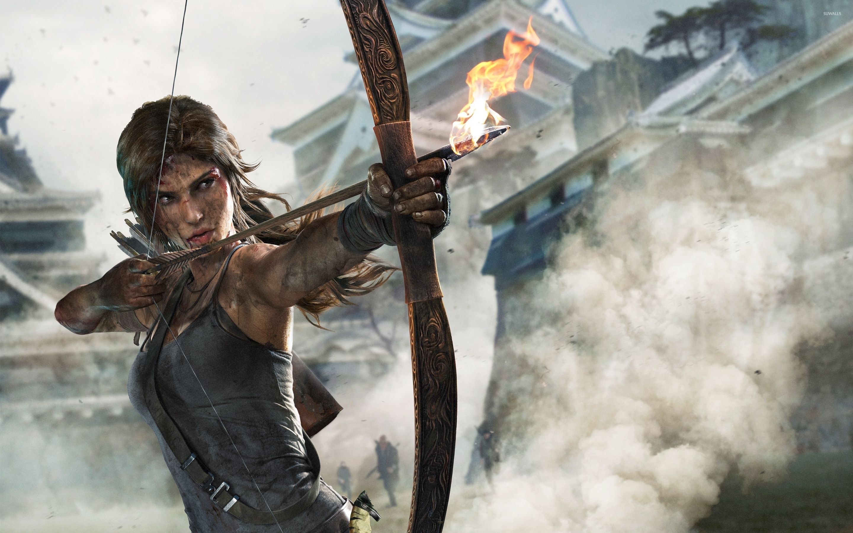 Lara Croft, Tomb Raider (2013), Bogen, Feuerpfeil, Rauch, 2K, PC-Hintergrundbild