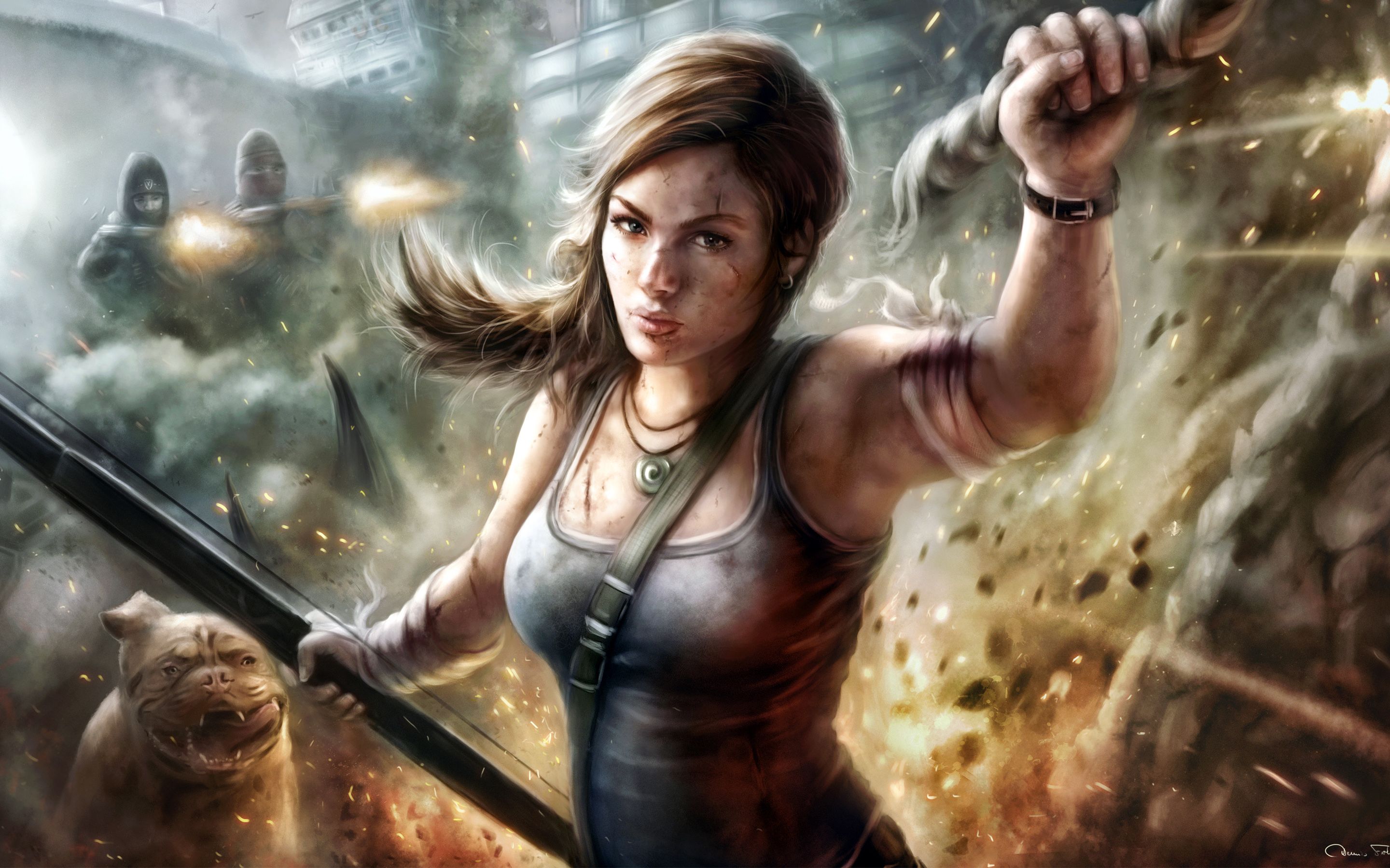 Lara Croft, Tomb Raider, Fan-Art, Explosion, Action, 2K, Desktop-Hintergrund für Windows