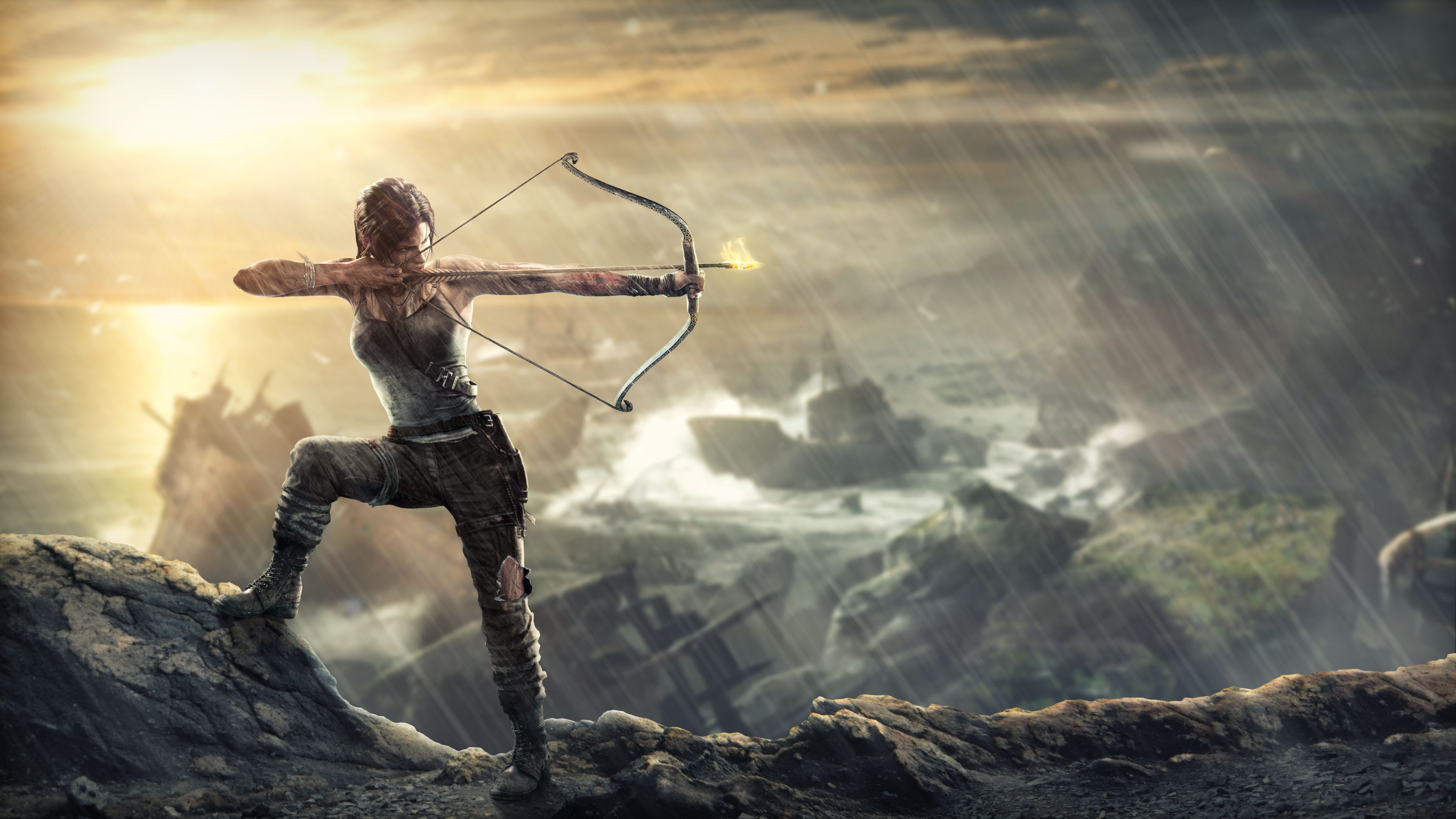 Lara Croft, Tomb Raider, Bogen, Klippe, Regen, 16:9, 4K-Hintergrundbild für den Desktop