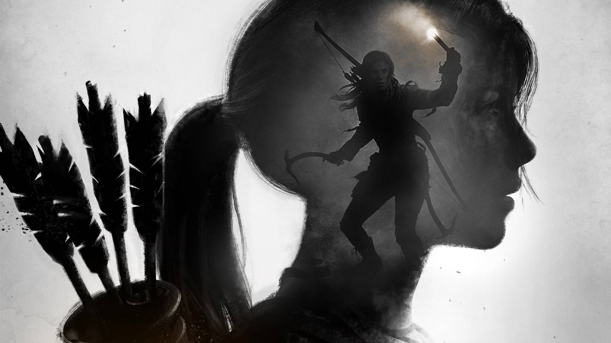 Lara Croft, Rise of the Tomb Raider, Doppelbelichtung, Profil, Pfeile, Schwarz-Weiß, 2K-PC-Hintergrundbild
