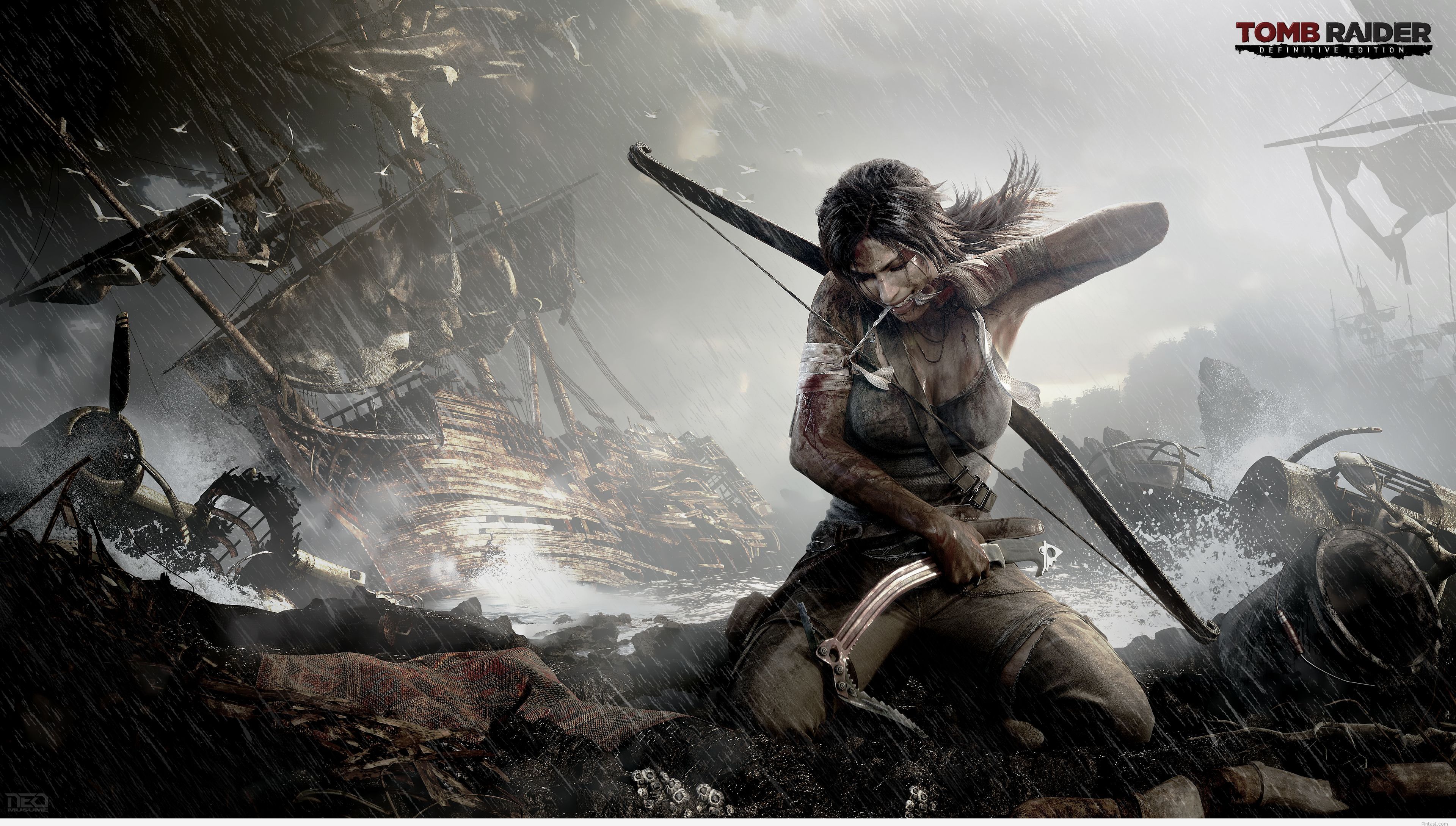 Lara Croft, Tomb Raider (2013), Bogen, Schiffswrack, Sturm, 4K, Laptop-Hintergrundbild