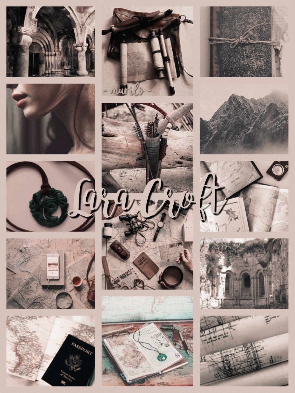 Lara Croft, Collage, Moodboard, Ästhetik, Sepia, HD, Hintergrundbild fürs Tablet