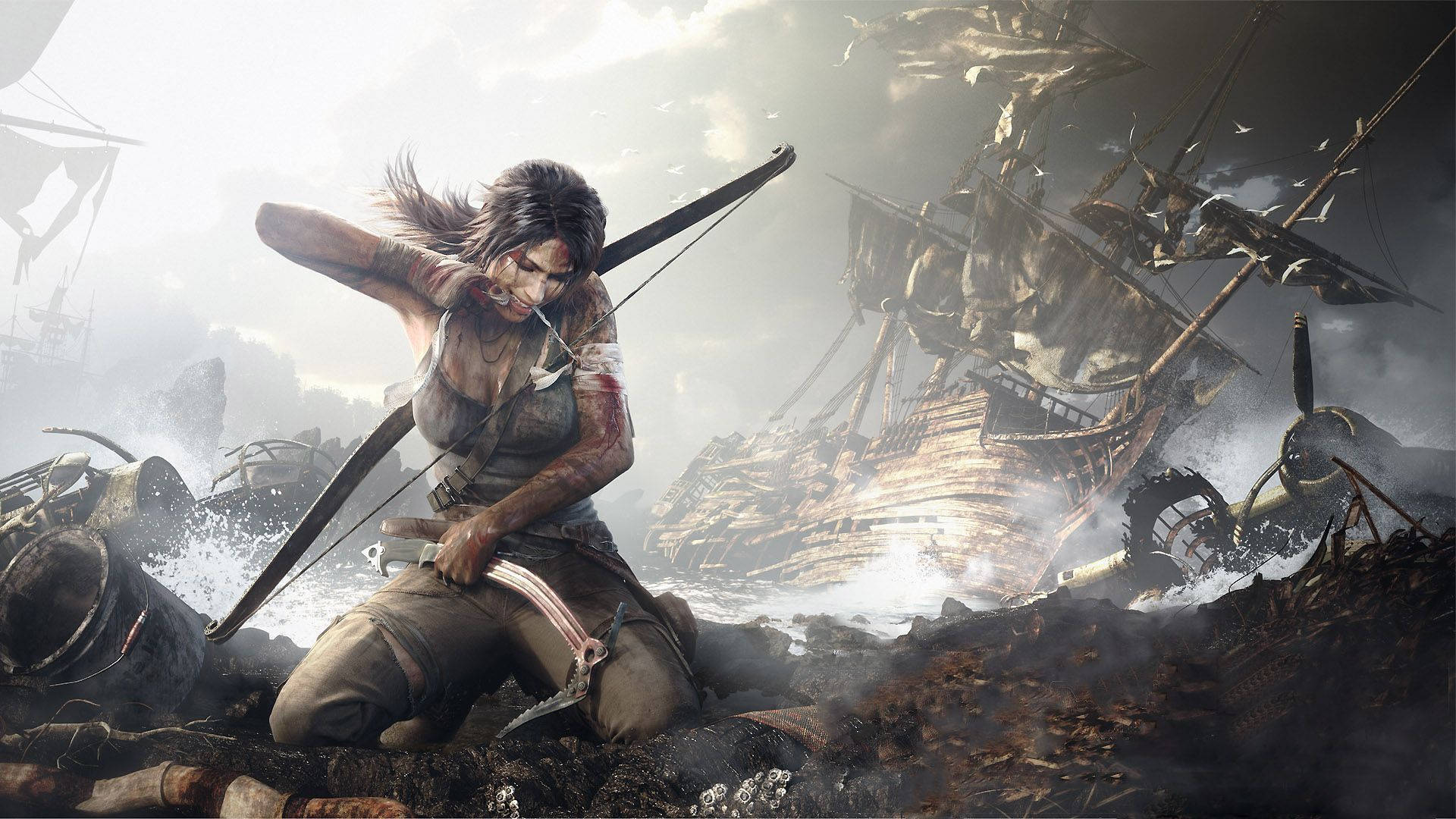 Lara Croft, Tomb Raider (2013), Bogen, Schiffswrack, Nebel, 1920x1080, Desktop-Hintergrund