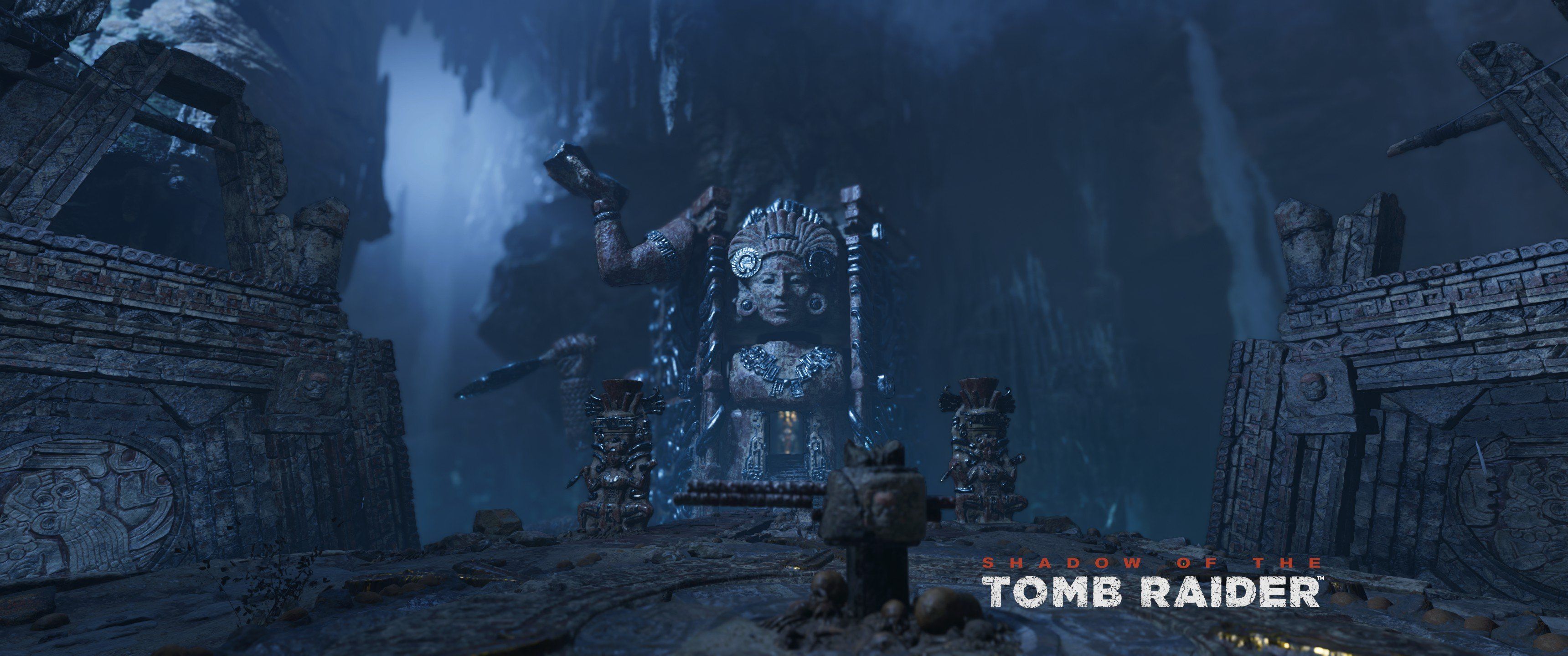 Rise of the Tomb Raider, Tempel, Ruinen, Statue, Blau, 21:9, 2K-Hintergrundbild für den Desktop