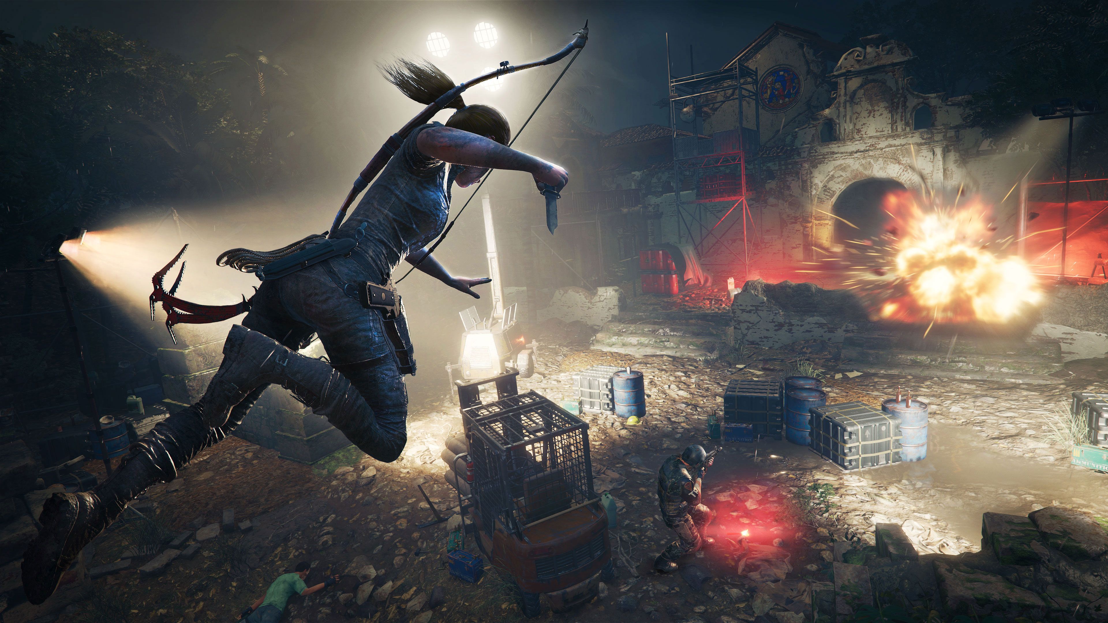Lara Croft, Shadow of the Tomb Raider, Sprung, Explosion, Nacht, 4K-Hintergrundbild für PC