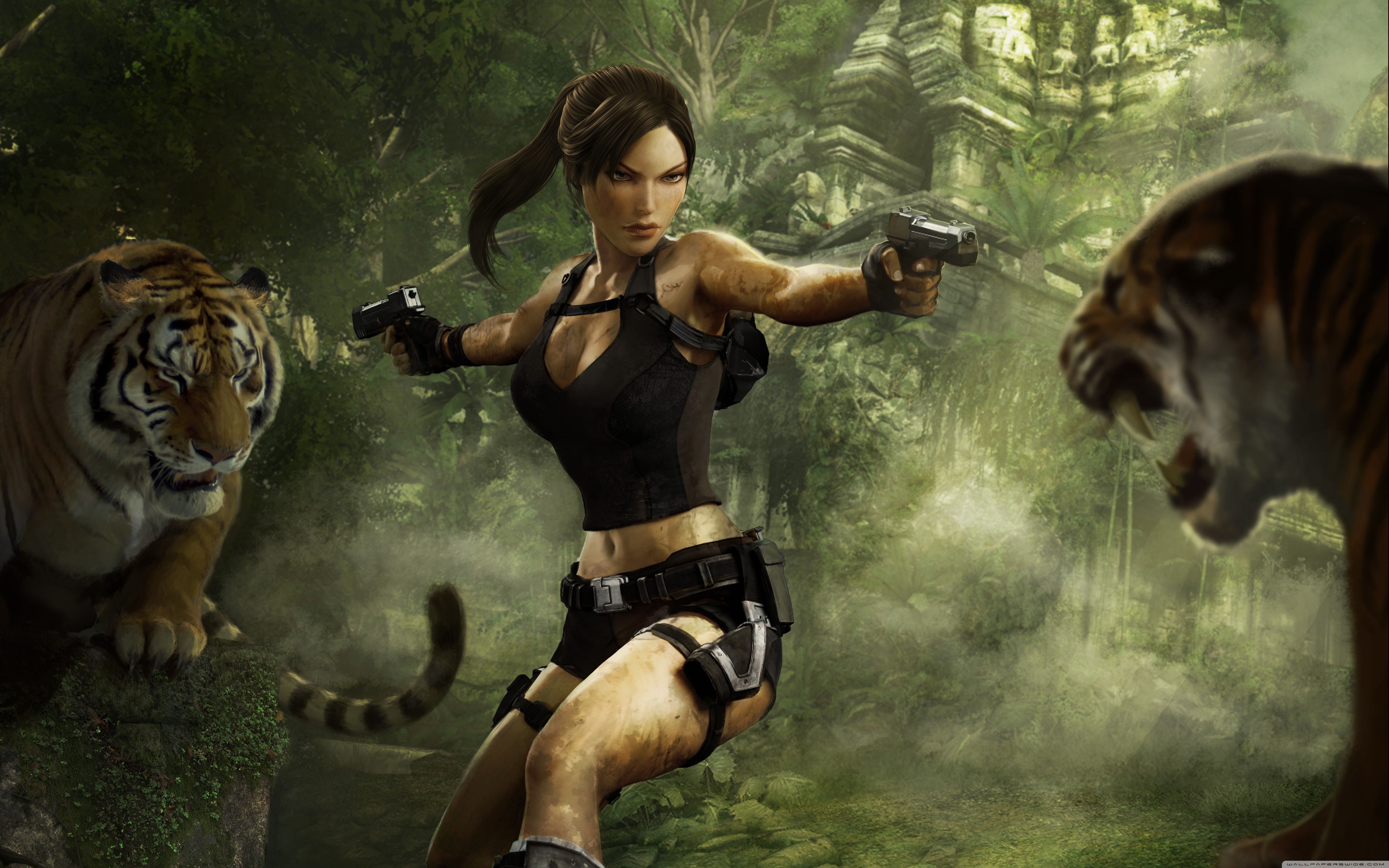 Lara Croft, Tomb Raider: Legend, Tiger, Pistolen, Dschungel, 5K-Hintergrundbild für PC