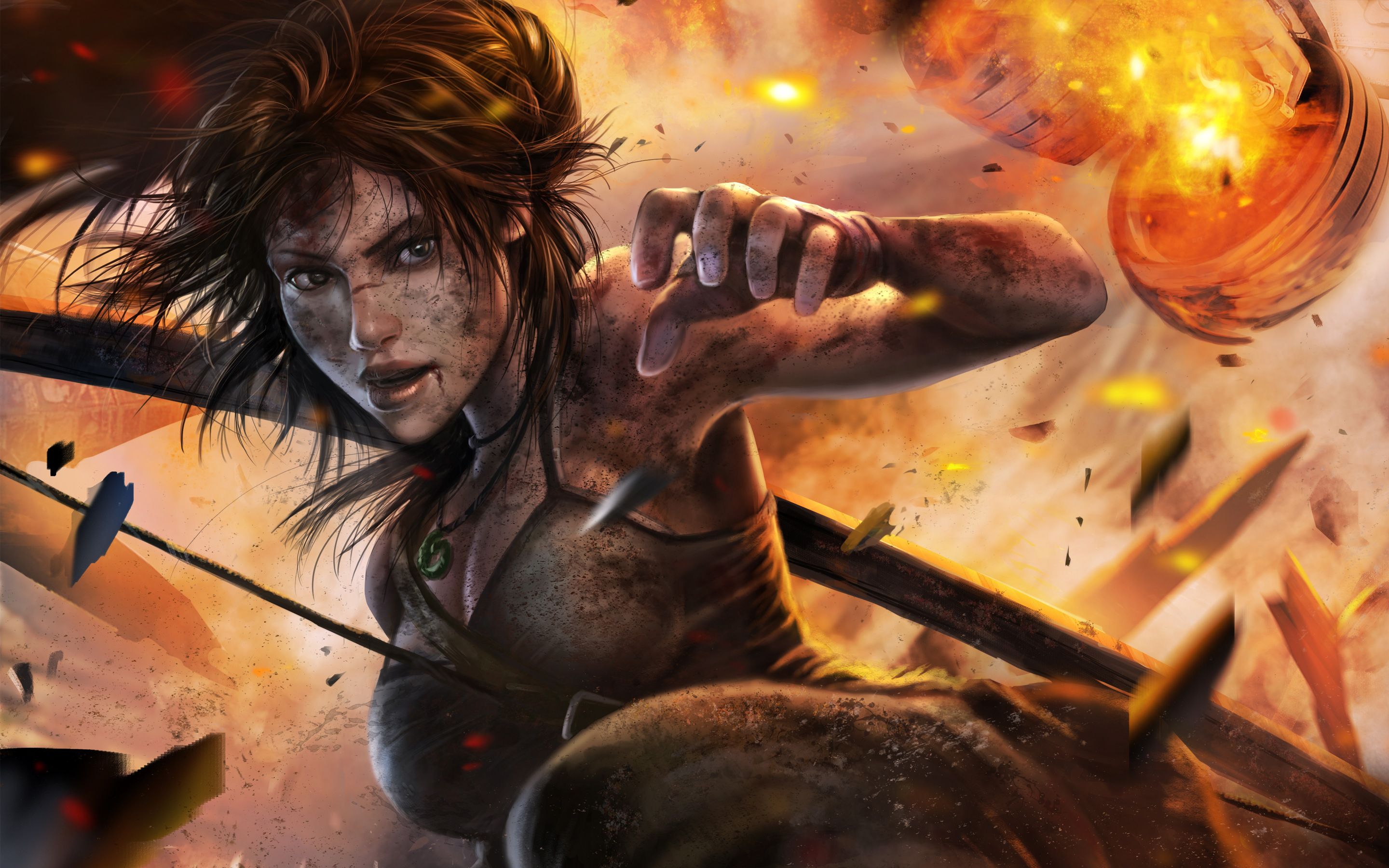 Lara Croft, Tomb Raider (2013), Fan-Art, Feuer, Pfeile, 2K, Hintergrund für den Desktop