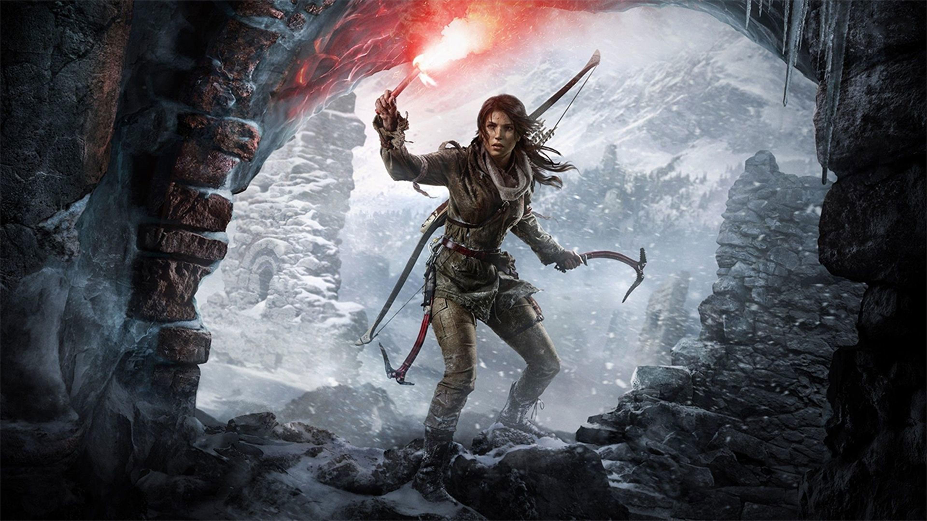Lara Croft, Rise of the Tomb Raider, Fackel, Eishöhle, Eispickel, 4K, PC-Hintergrundbild