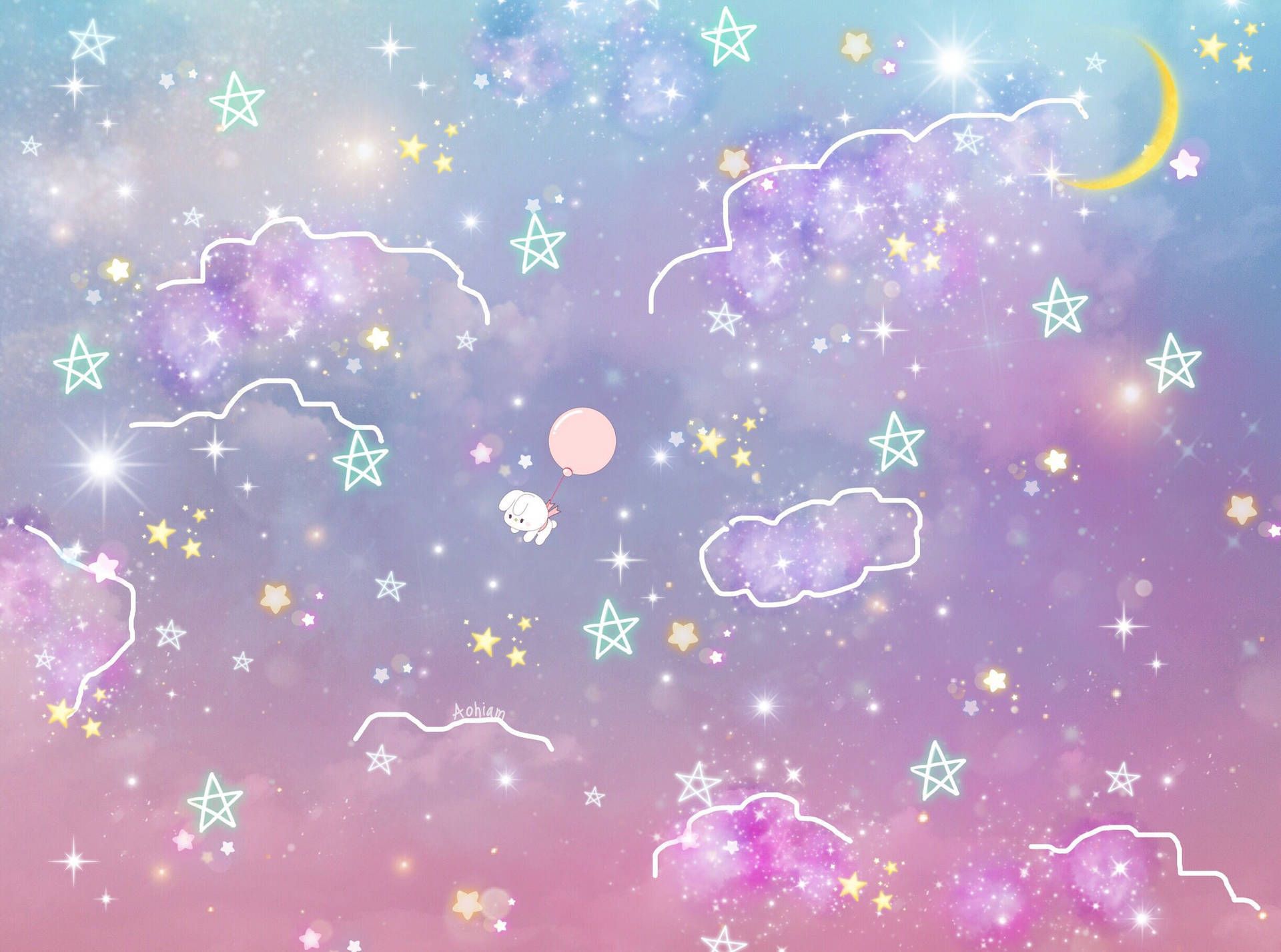 Sternenhimmel, Wolken, Mondsichel, Pastellfarben, Kawaii, Glitzer, Full HD, Tablet-Hintergrund