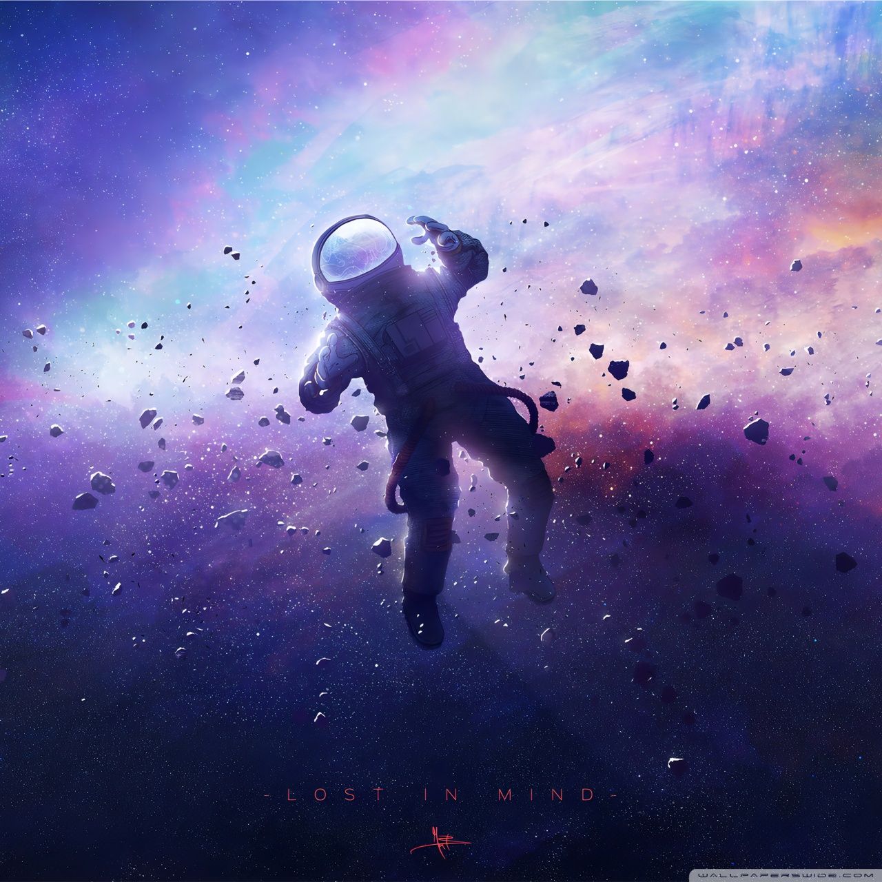 Astronaut, Weltraum, Schwerelosigkeit, Nebel, Lila Töne, Digitale Kunst, HD, iPad-Hintergrundbild