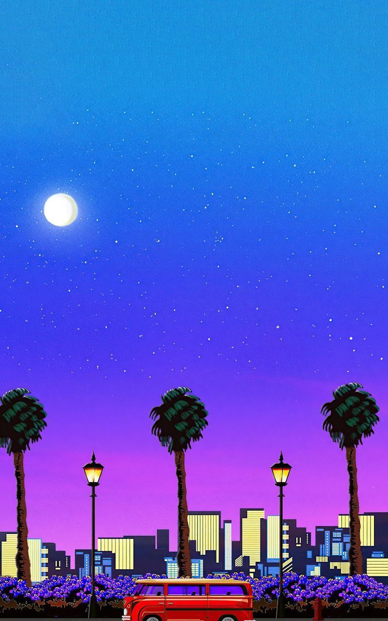 Palmen, Stadt, Vollmond, Pixel-Art, Blauer Himmel, HD, Hintergrundbild fürs Handy