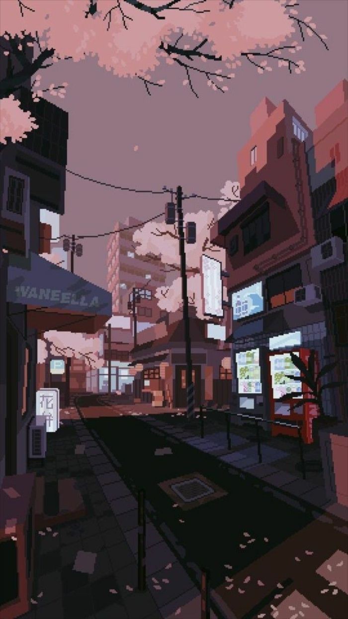 Anime-Stadt, Straße, Illustration, Rosa, Pastell, Hintergrundbild für iPhone und Android