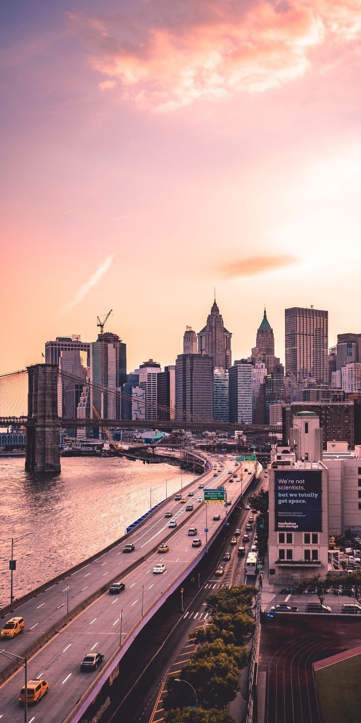 Manhattan, New York City, Skyline, Sonnenuntergang, Rosa Himmel, Fluss, HD, Handy-Hintergrundbild