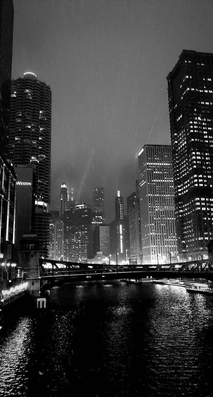 Skyline, Fluss, Schwarz-Weiß, Nacht, Wolkenkratzer, HD, Hintergrundbild fürs Handy