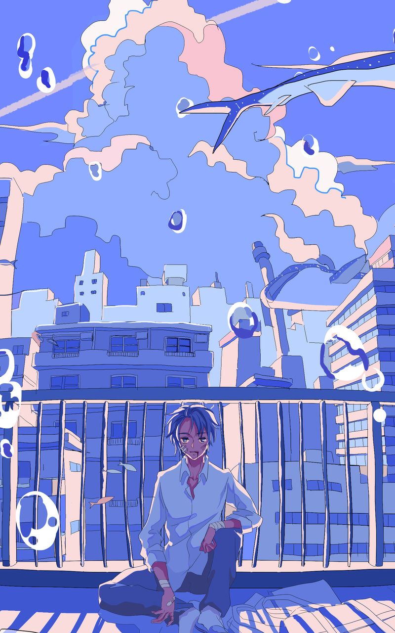Anime-Stil, Stadt, Wolken, Balkon, Blau-Lila, Illustration, HD, iPhone-Hintergrundbild