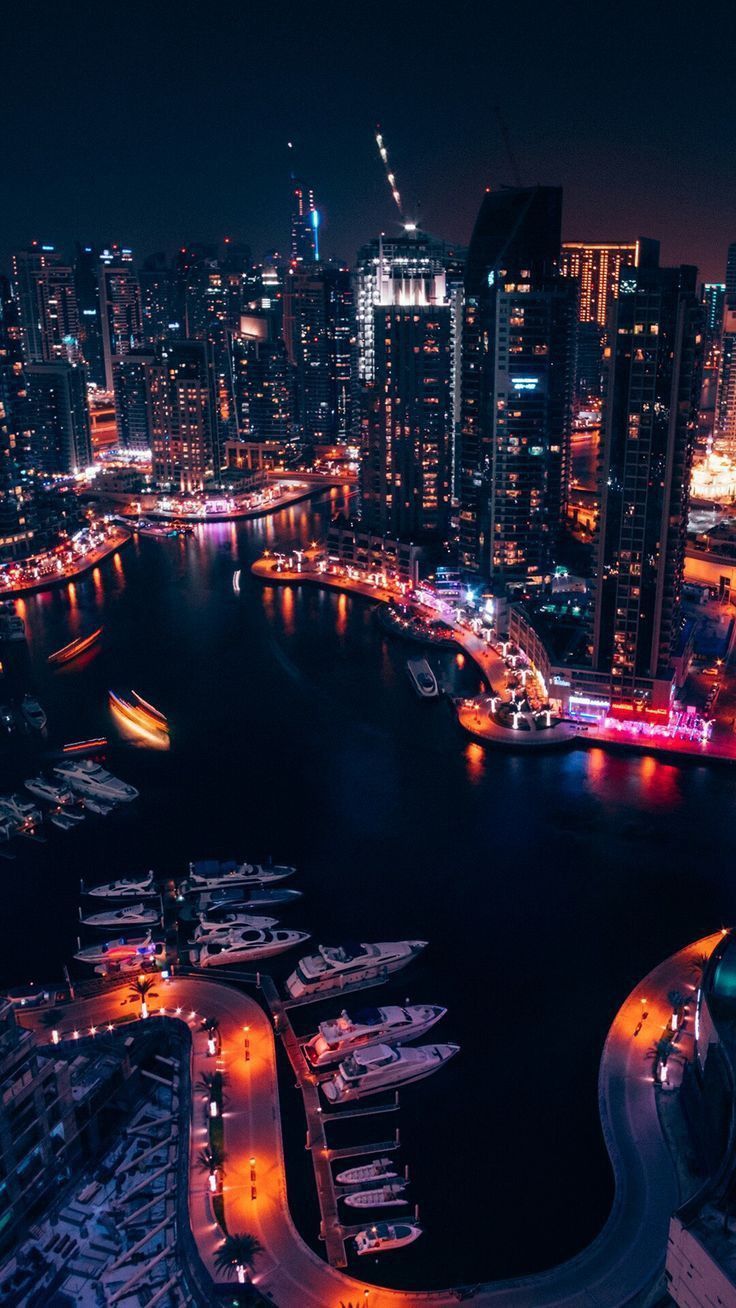 Dubai Marina, Dubai, Nacht, Jachthafen, Luftaufnahme, Stadtlichter, Android-Hintergrundbild