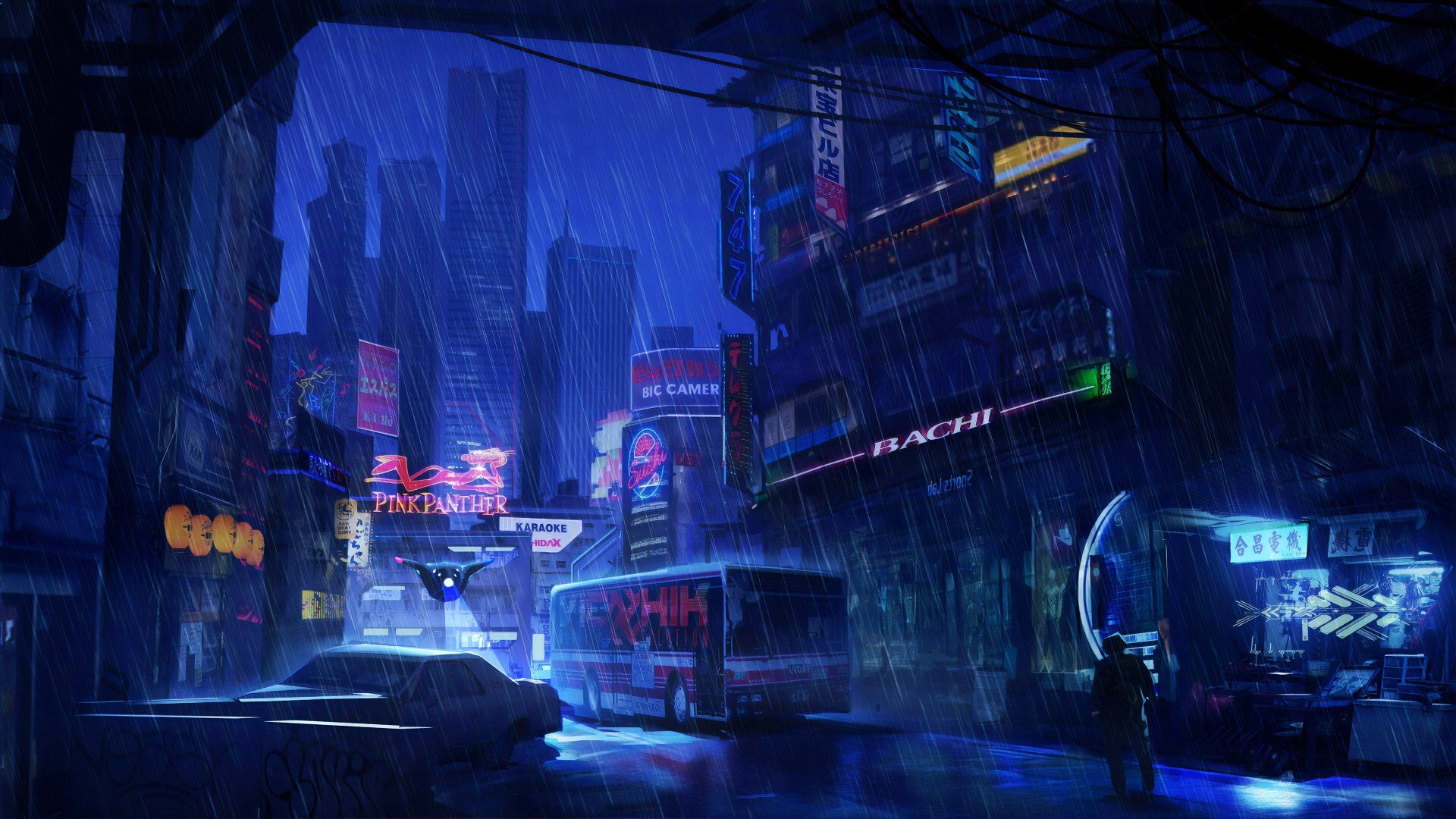 Cyberpunk, Regen, Nacht, Neonlichter, Blau, Digitale Kunst, Full-HD-Hintergrundbild für PC