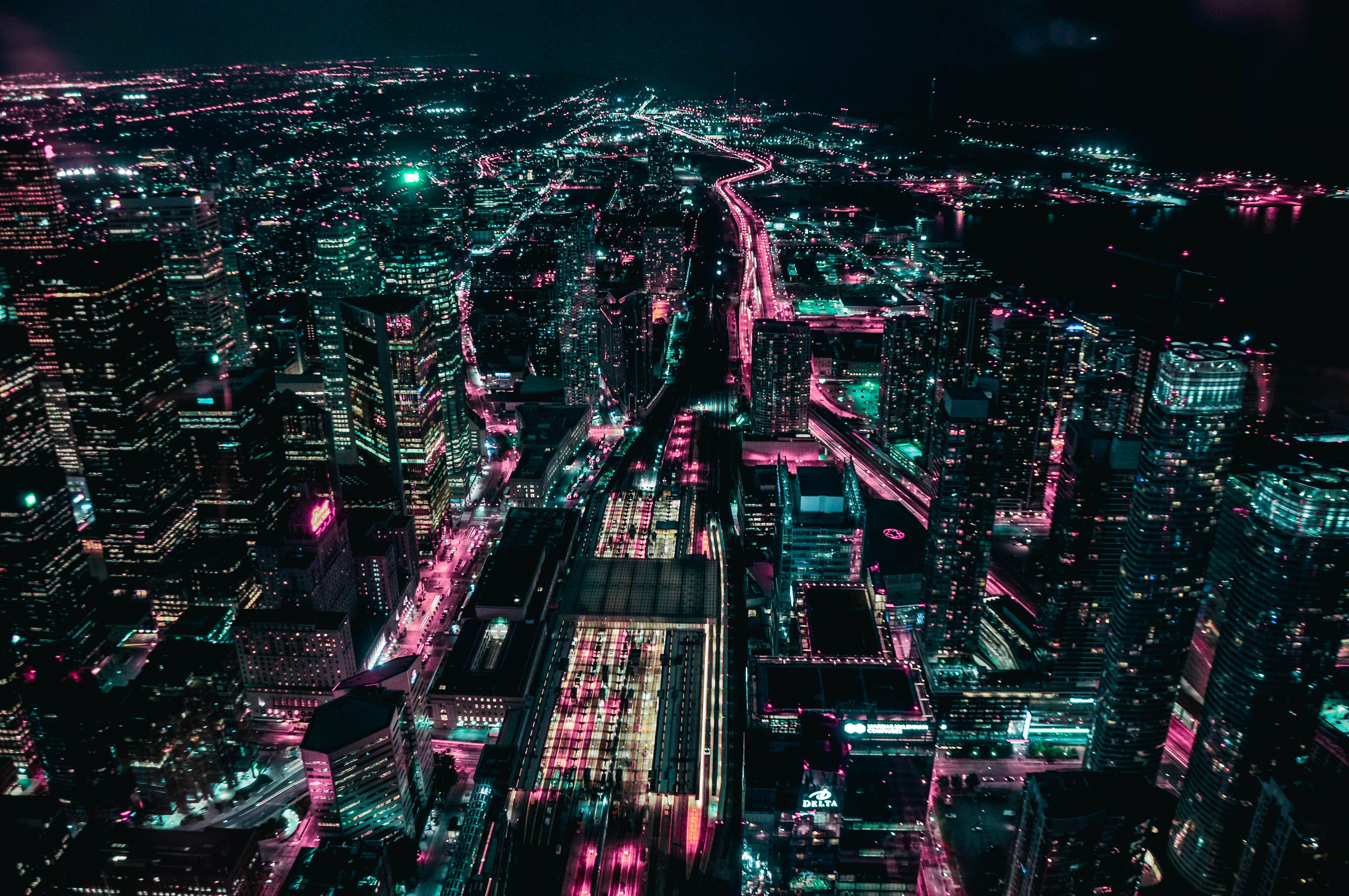 Luftaufnahme, Nacht, Stadtlichter, Neon, Türkis, Pink, 4K, Hintergrundbild für den PC