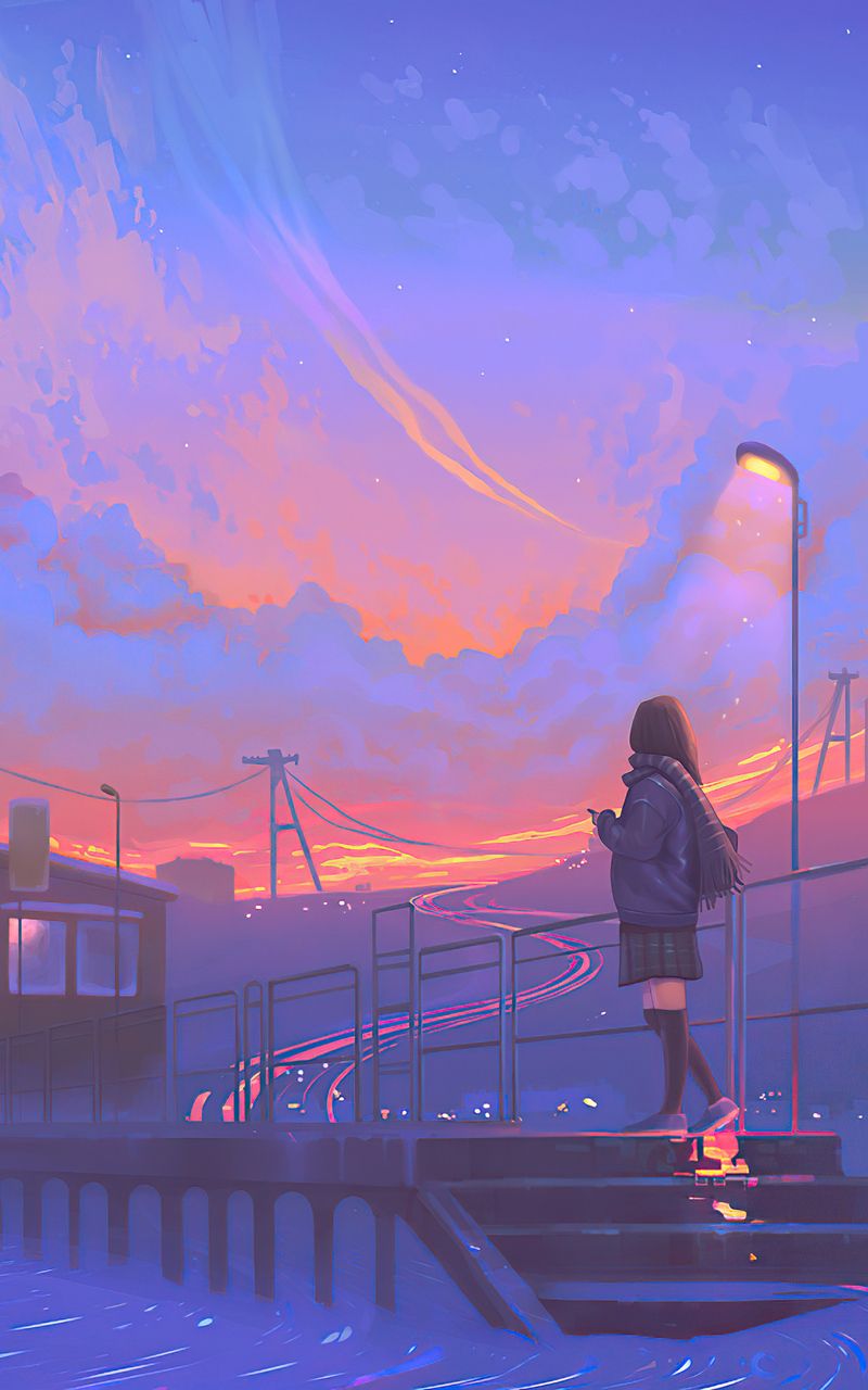 Anime-Mädchen, Abendhimmel, Stadt, Straßenlaterne, Lila Himmel, Illustration, HD-Handy-Hintergrundbild