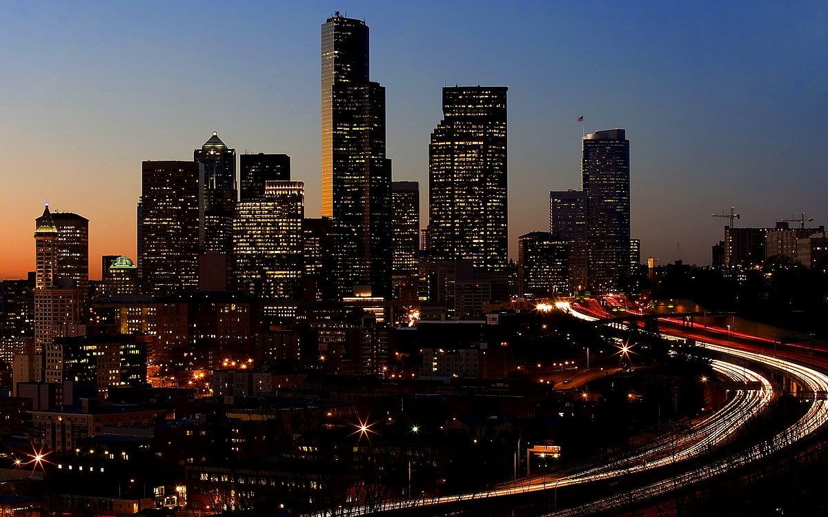 Los Angeles, Downtown, Skyline, Lichtspuren, Dämmerung, Hintergrundbild