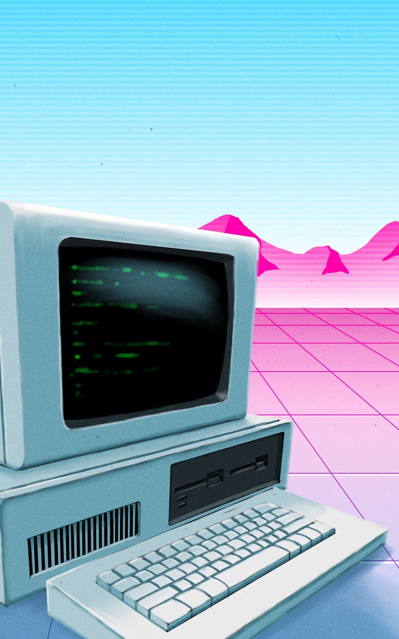 Retro-Computer, Vaporwave, Gitternetz, Pink, 80er-Jahre, Pastellfarben, Hintergrundbild fürs Handy