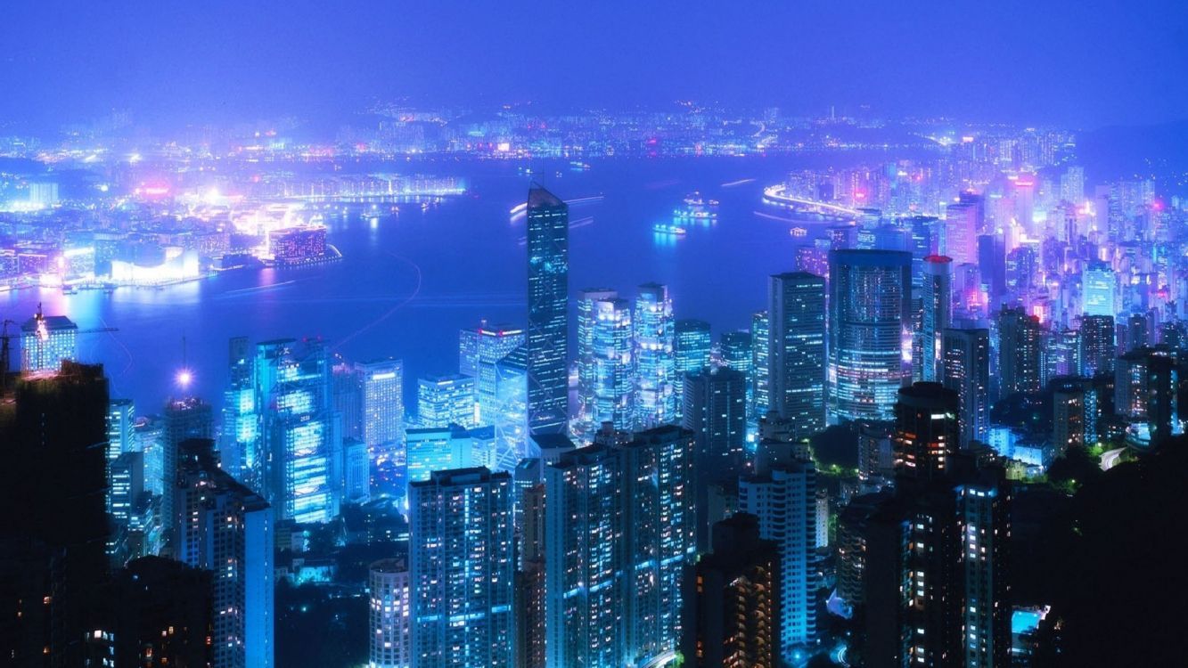 Hongkong, Skyline, Neonlichter, Nacht, Blau, Hafen, 16:9, HD-Hintergrundbild für den Desktop