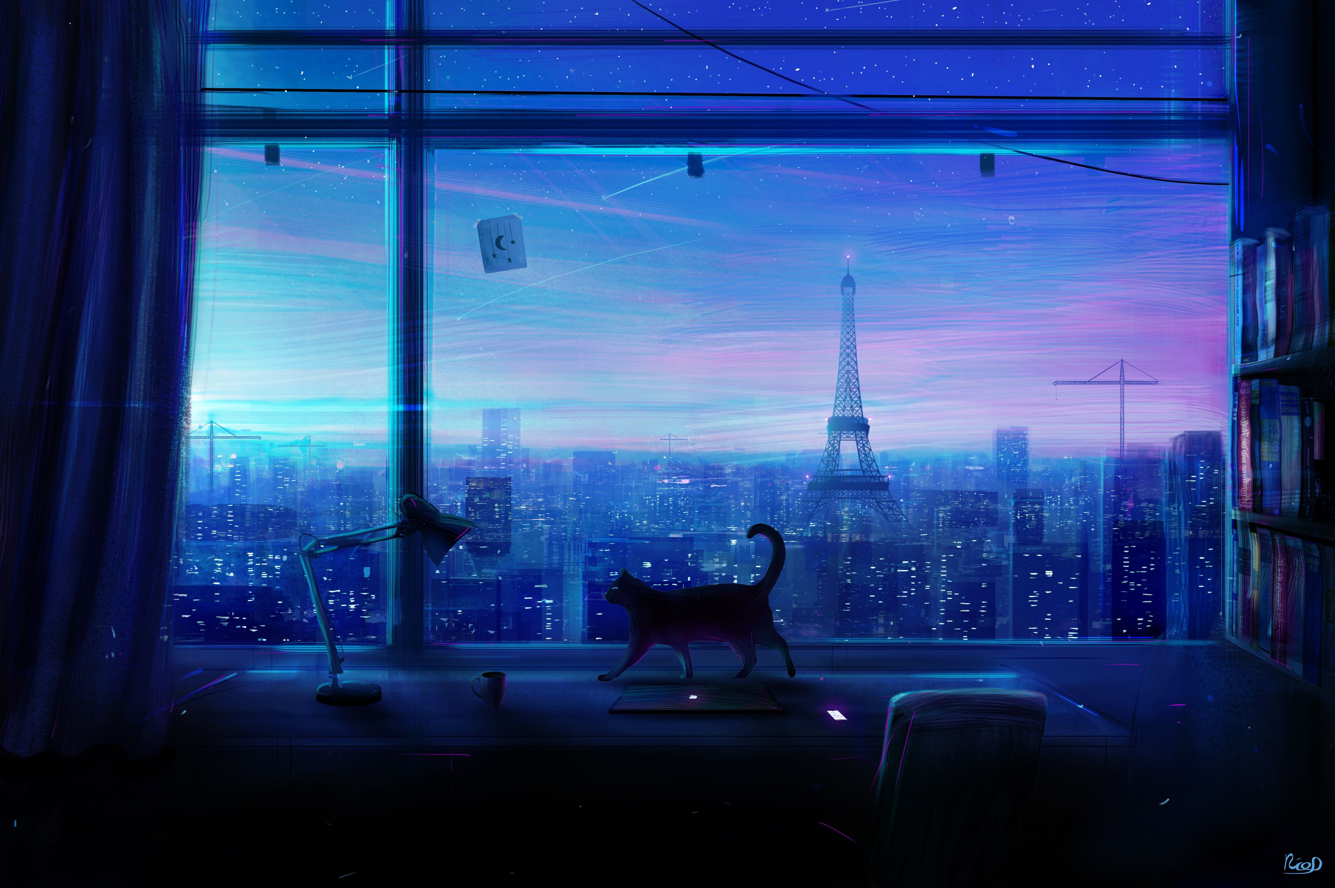 Paris, Eiffelturm, Katze, Fenster, Nacht, Digitale Kunst, 4K, Windows-Hintergrundbild
