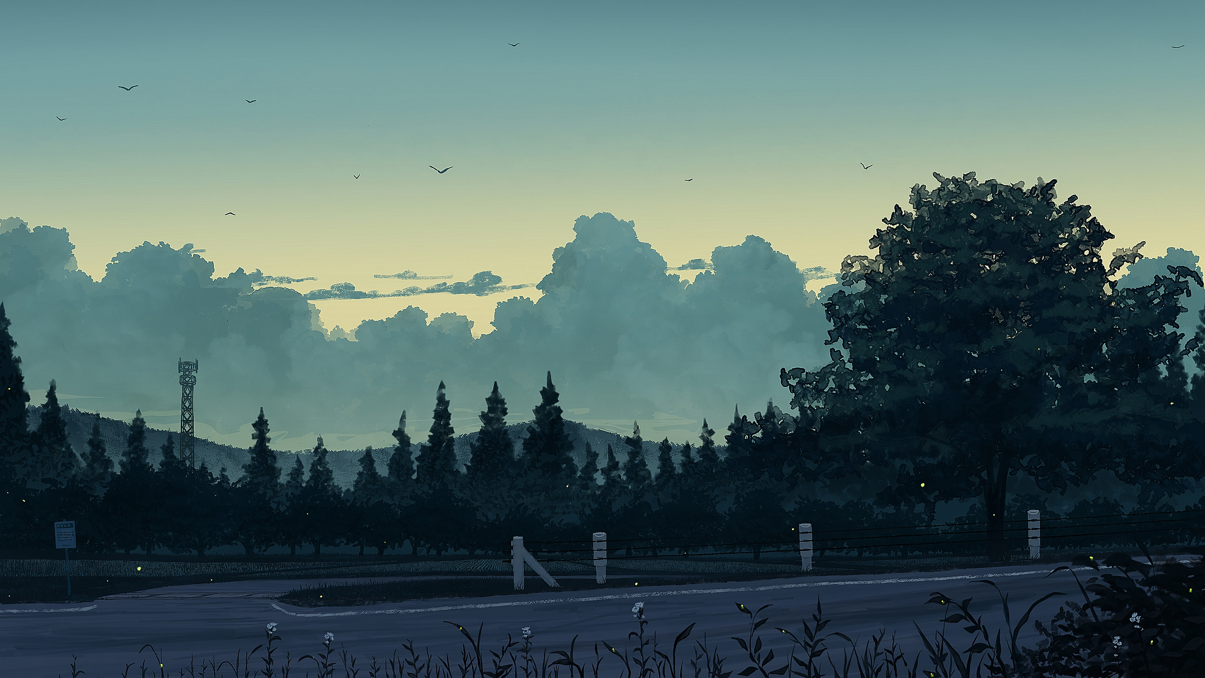 Landschaft, Bäume, Wolken, Straße, Anime-Stil, 16:9, 4K-Hintergrundbild für den Desktop