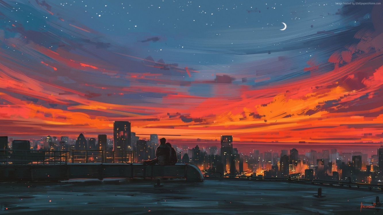 Sonnenuntergang, Skyline, Mond, Roter Himmel, Digitale Kunst, Silhouette, HD, PC-Hintergrundbild