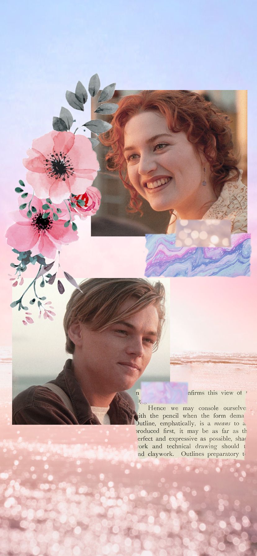 Rose DeWitt Bukater, Jack Dawson, Kate Winslet, Leonardo DiCaprio, Collage, Blumen, Pastell, Handy-Hintergrundbild