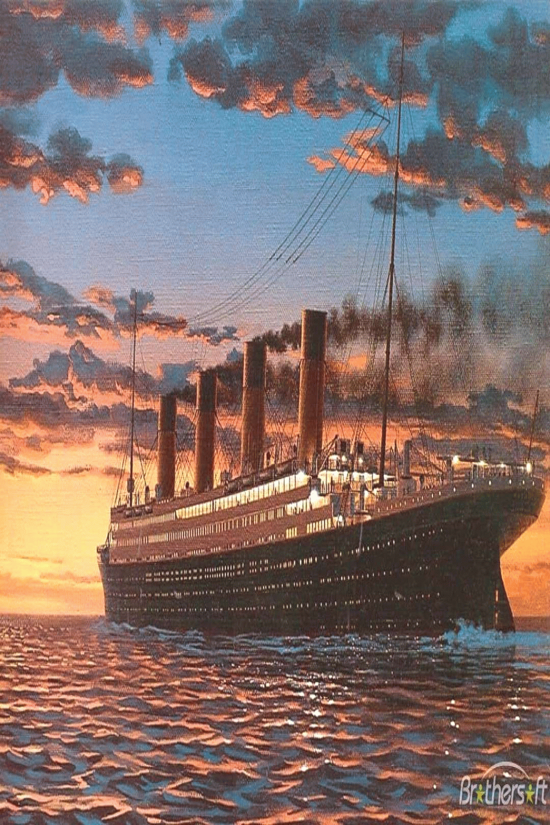 RMS Titanic, Ozeandampfer, Gemälde, Sonnenuntergang, Meer, Full HD, Handy-Hintergrundbild