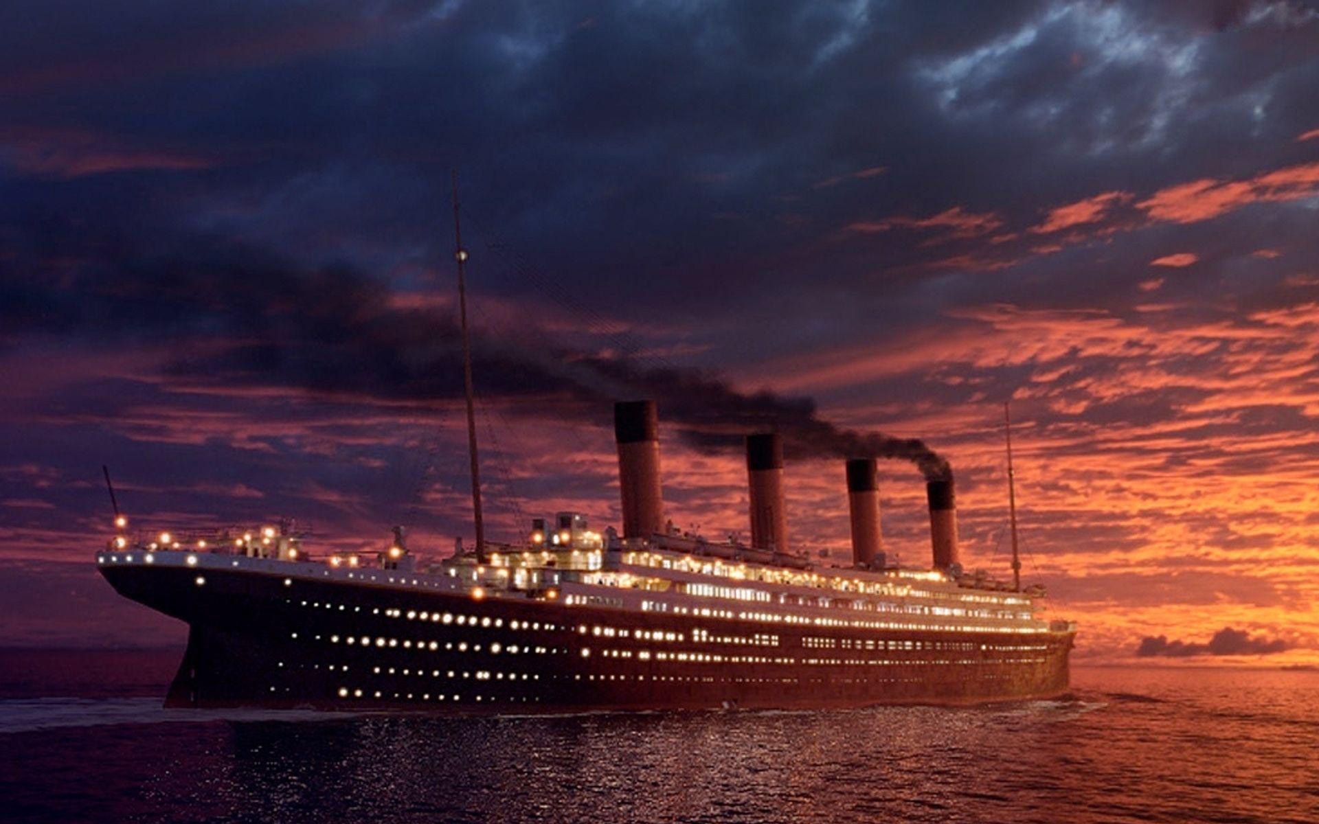 RMS Titanic, Ozeandampfer, Sonnenuntergang, Rauch, Dramatischer Himmel, Full HD, Desktop-Hintergrund