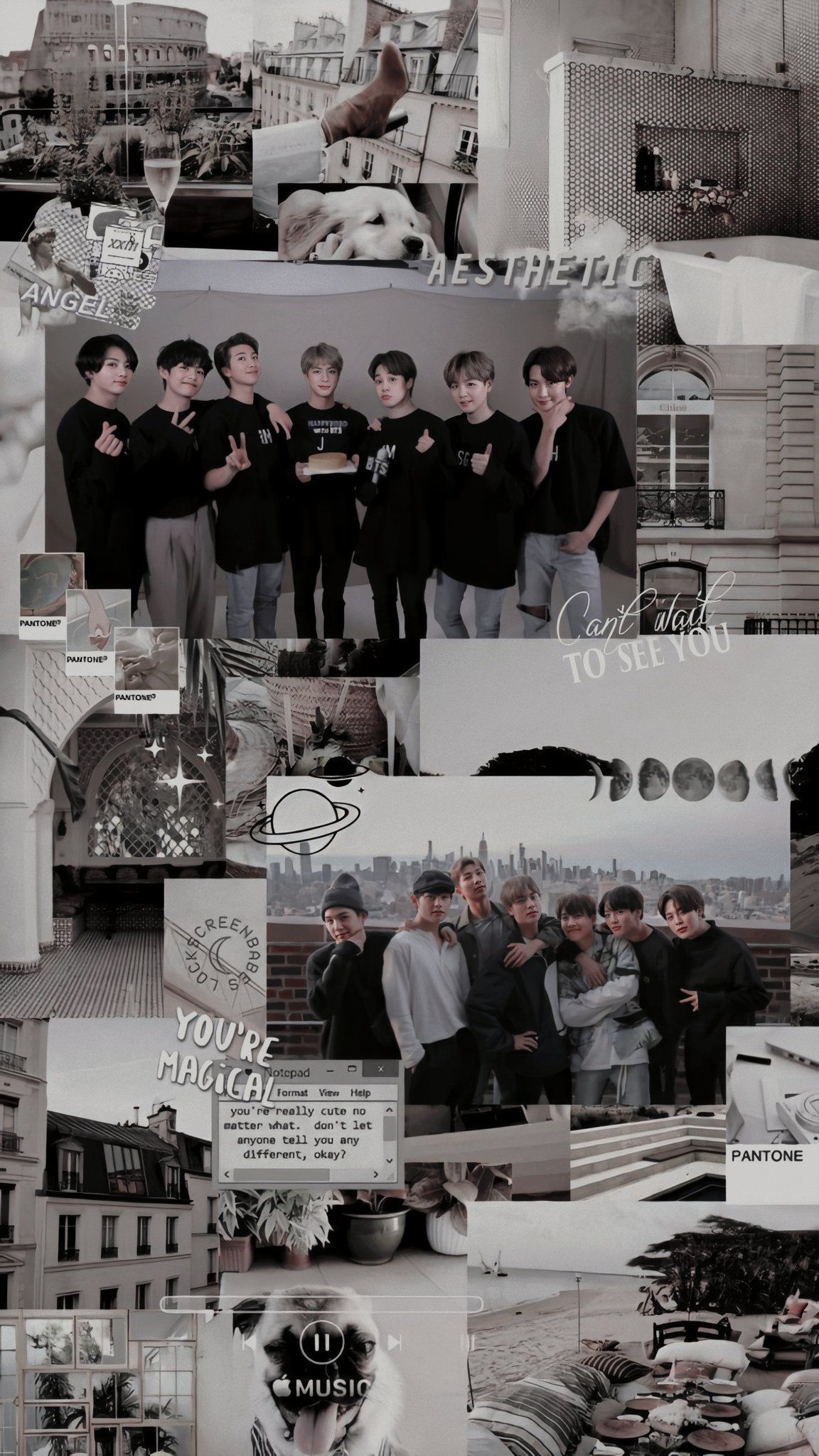 BTS, Collage, Schwarz-weiß, Moodboard, Full HD, Sperrbildschirm fürs iPhone
