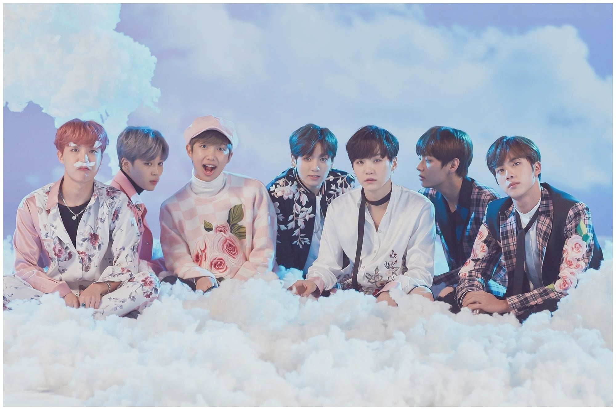 BTS, Wolken, Blumenhemden, Pastell, K-Pop, Full HD, Desktop-Hintergrund für Windows