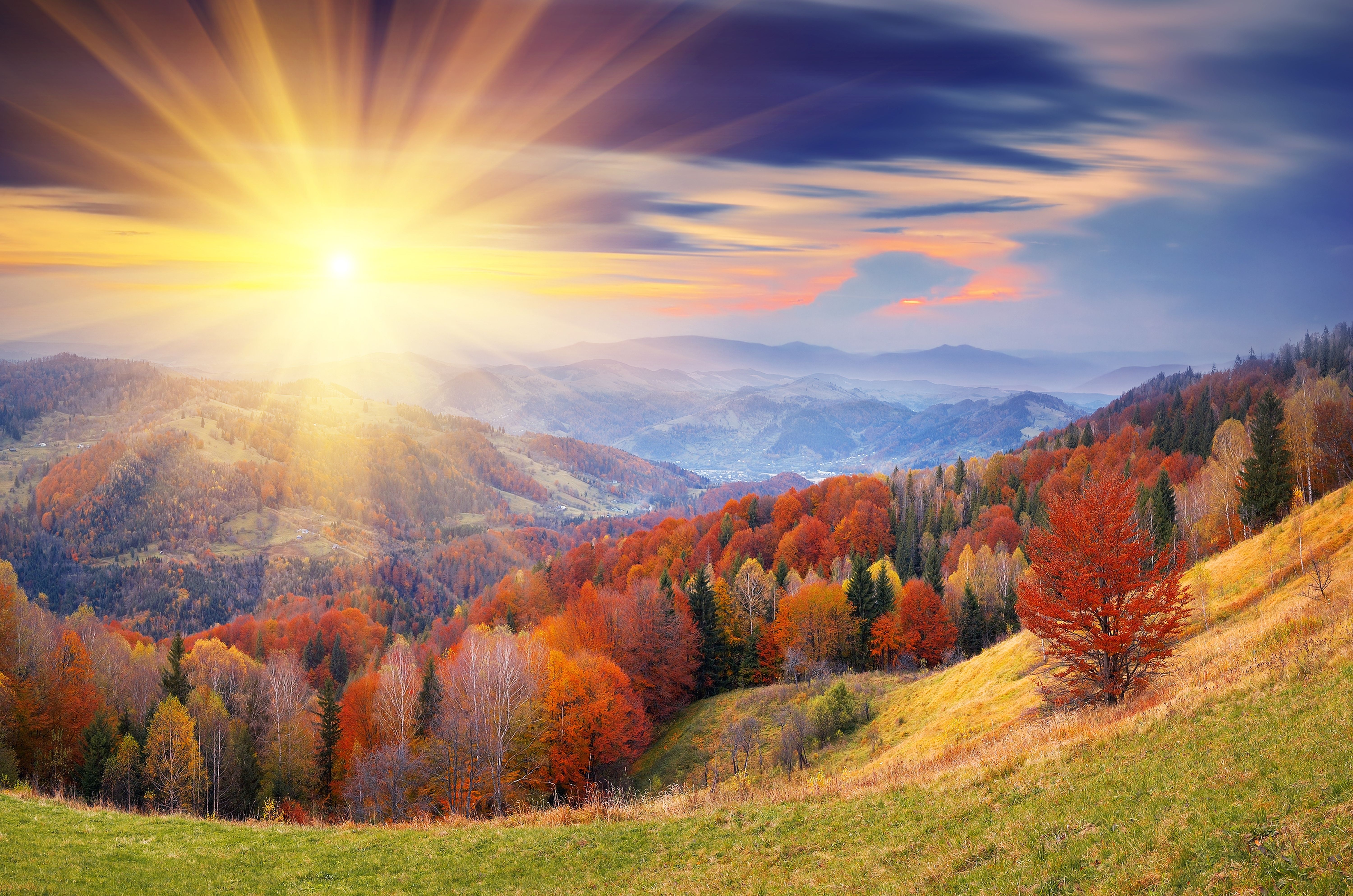 Sonne, Berge, Hügel, Bunte Wälder, Sonnenstrahlen, Landschaft, 6K-Hintergrundbild für PC