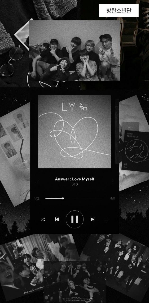 BTS, Love Yourself, Musikplayer, Schwarz-weiß, Hochformat, Hintergrundbild fürs Smartphone