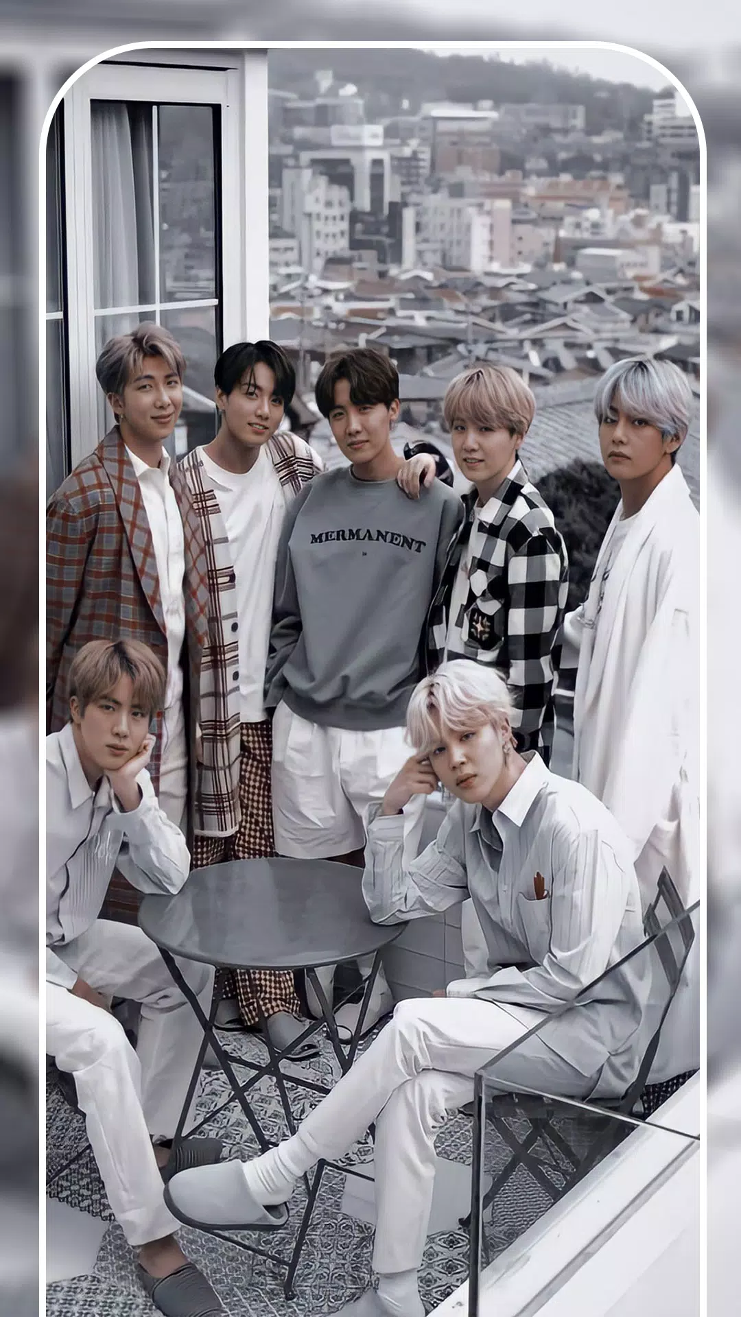 BTS, Gruppenfoto, Schwarz-weiß, Stadt, Full HD, Hintergrundbild fürs Handy
