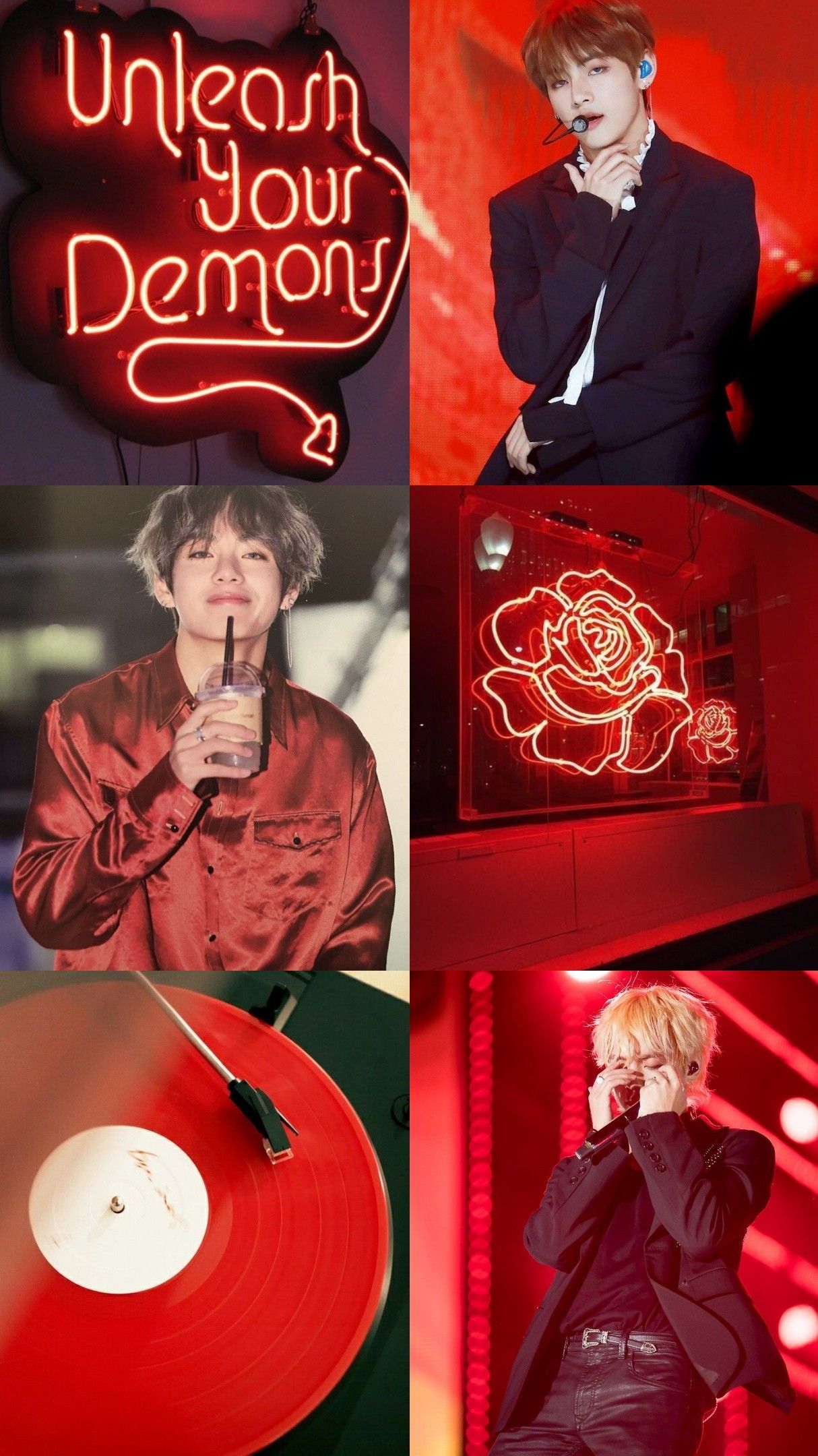 BTS, Unleash Your Demons, Rote Collage, Neonschrift, Schallplatte, Full HD, Handy-Hintergrundbild
