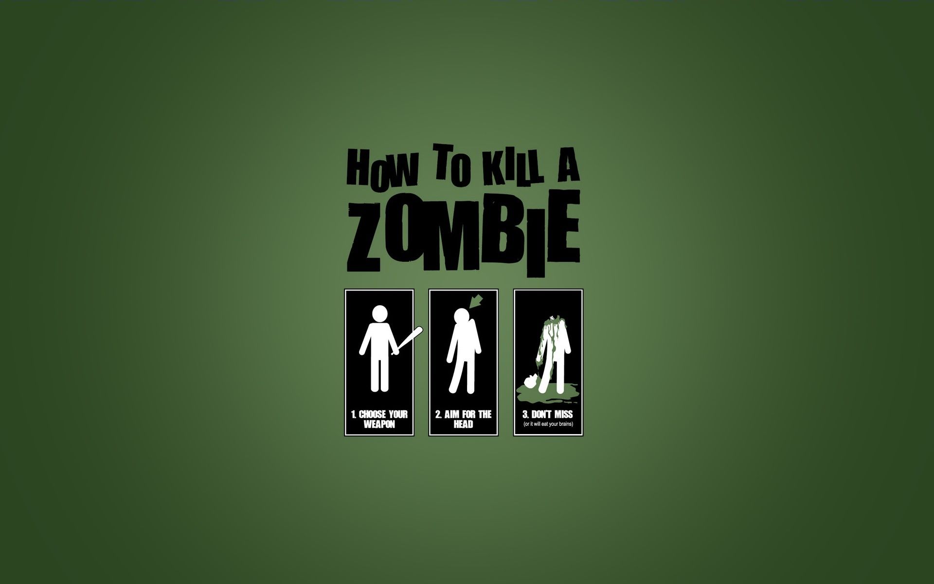 How to Kill a Zombie, Anleitung, Piktogramme, Grüner Hintergrund, Humor, Full HD Wallpaper