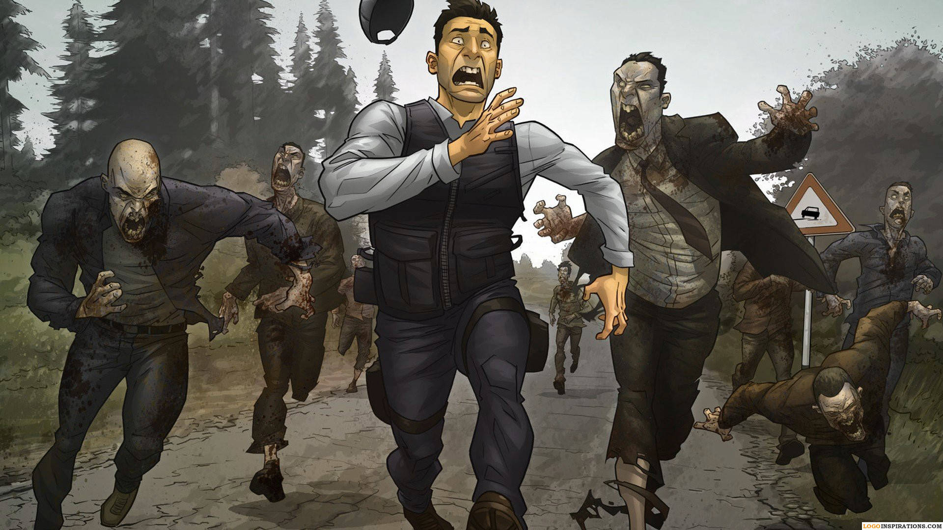 Zombiehorde, Flucht, Comic-Stil, Wald, Panik, Full HD, Desktop-Hintergrund für Windows