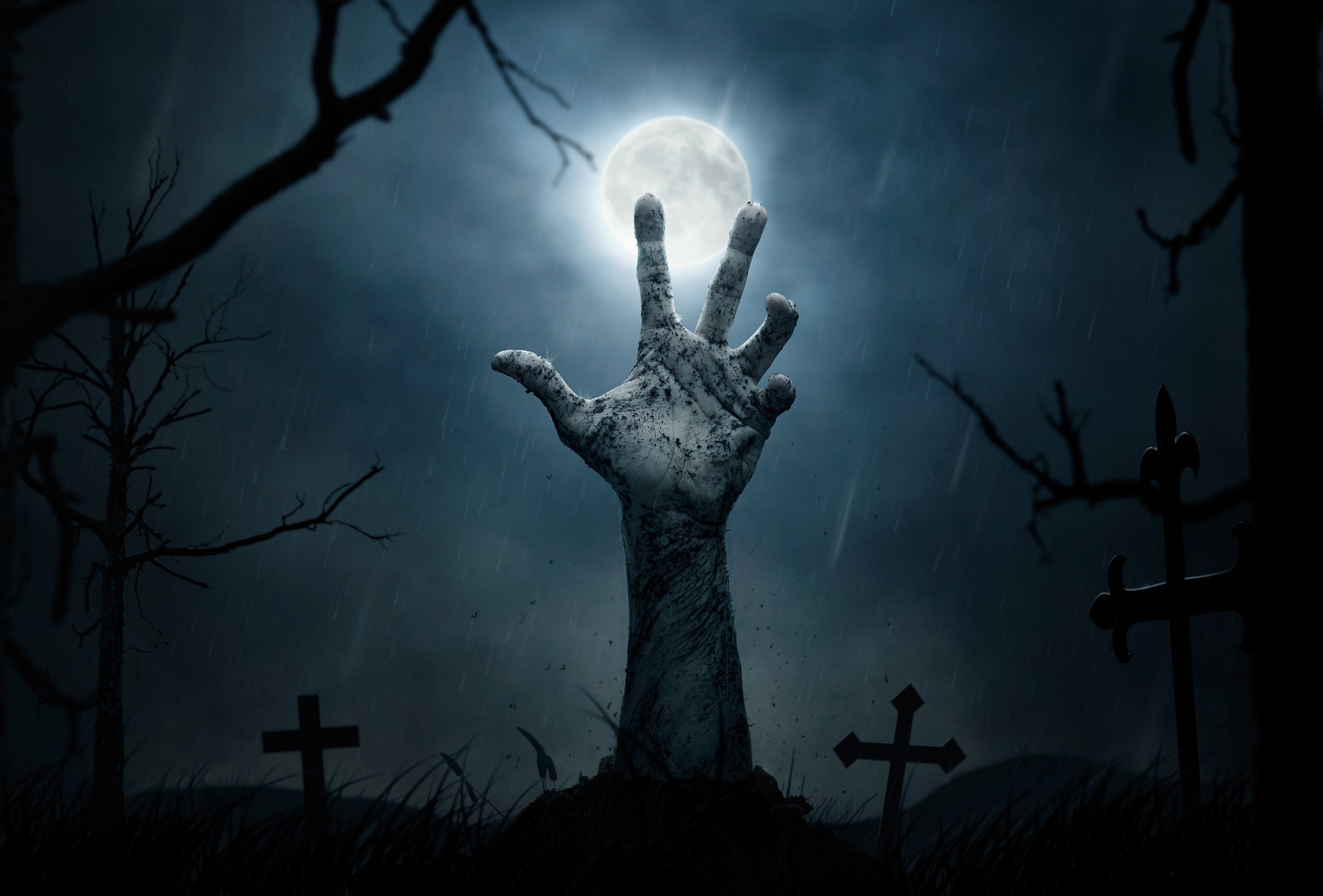 Zombiehand, Friedhof, Vollmond, Grabkreuze, Nacht, 5K, Desktop-Hintergrund für Windows